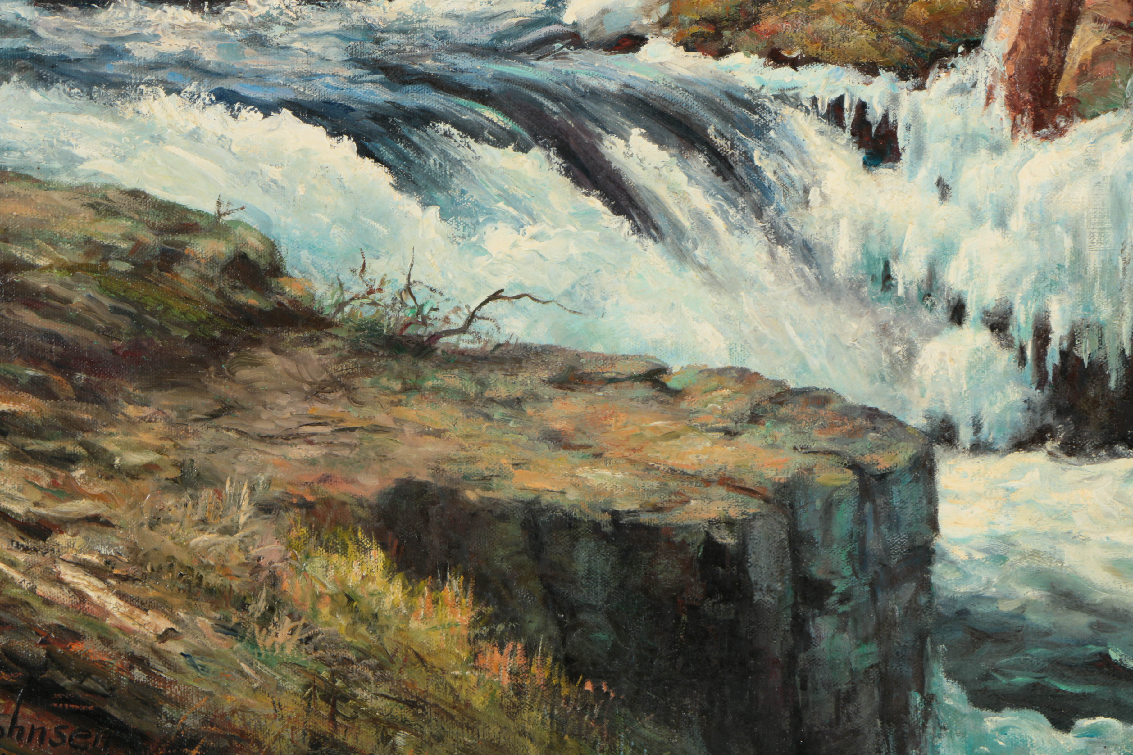 H. Johnsen Oil Painting on Canvas Landscape with a Creek