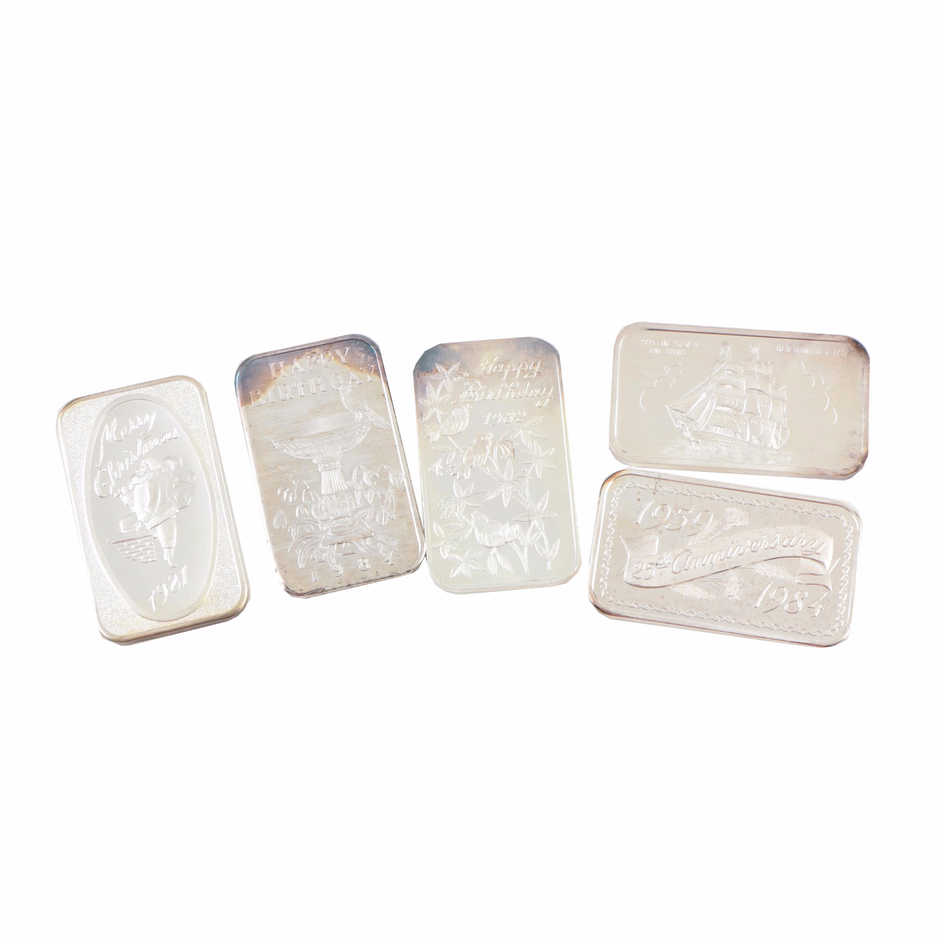 Five One Ounce Bars of .999  Fine Silver with Etched Commemorative Events