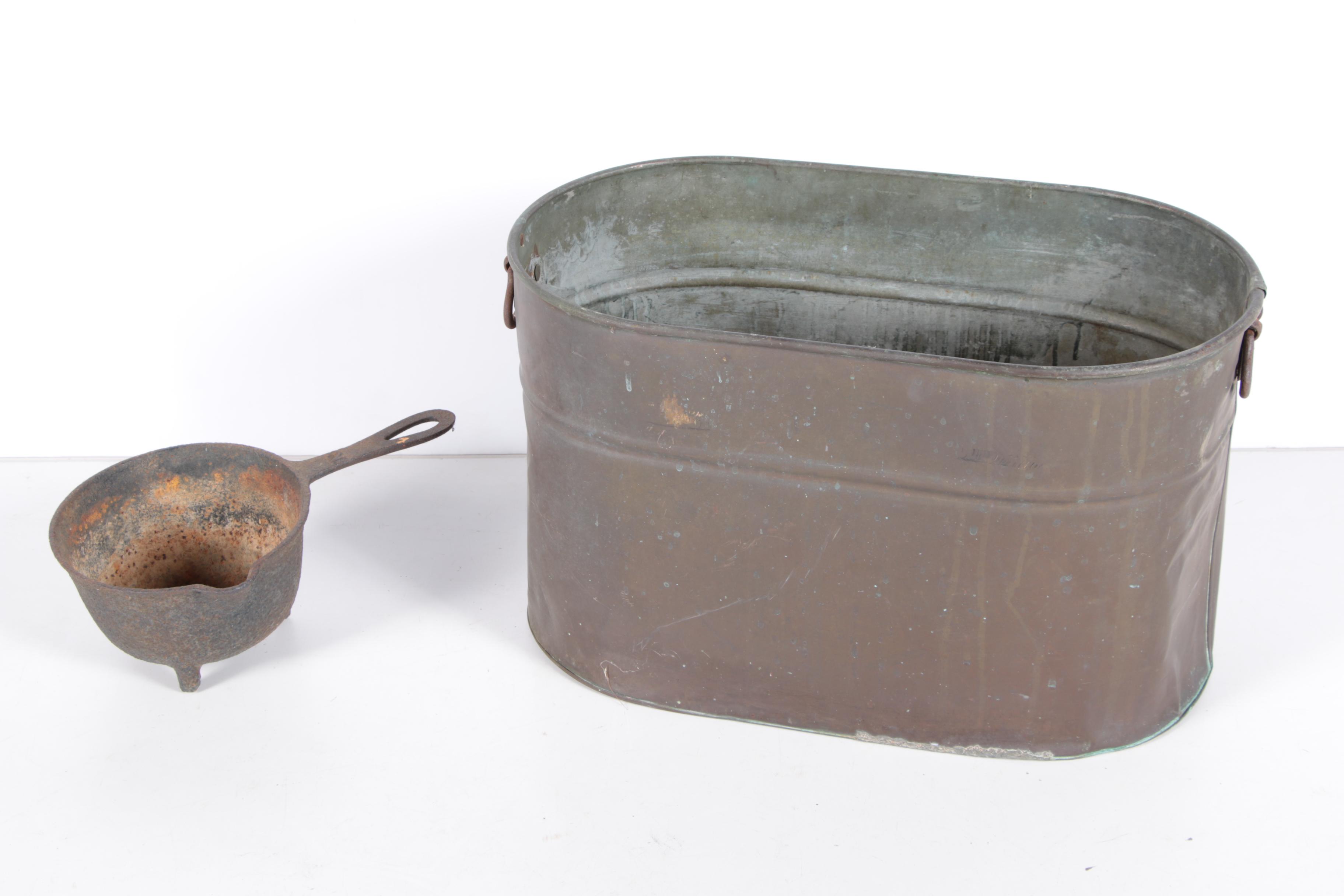 Vintage Copper Clad Wash Tub and Cast Iron Footed Pan