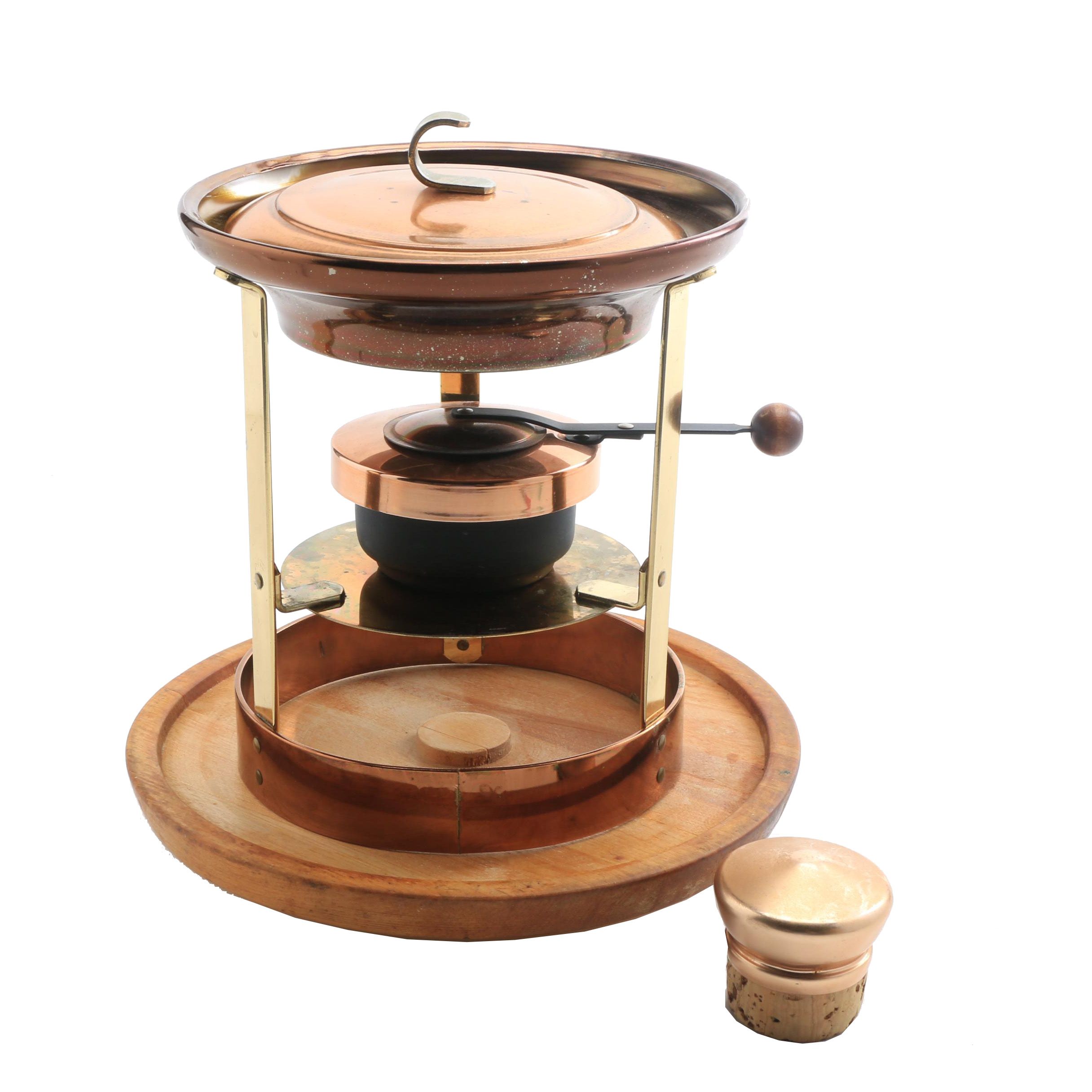 Copper and Brass Fondue Stand and Carved Wood Lazy Susan