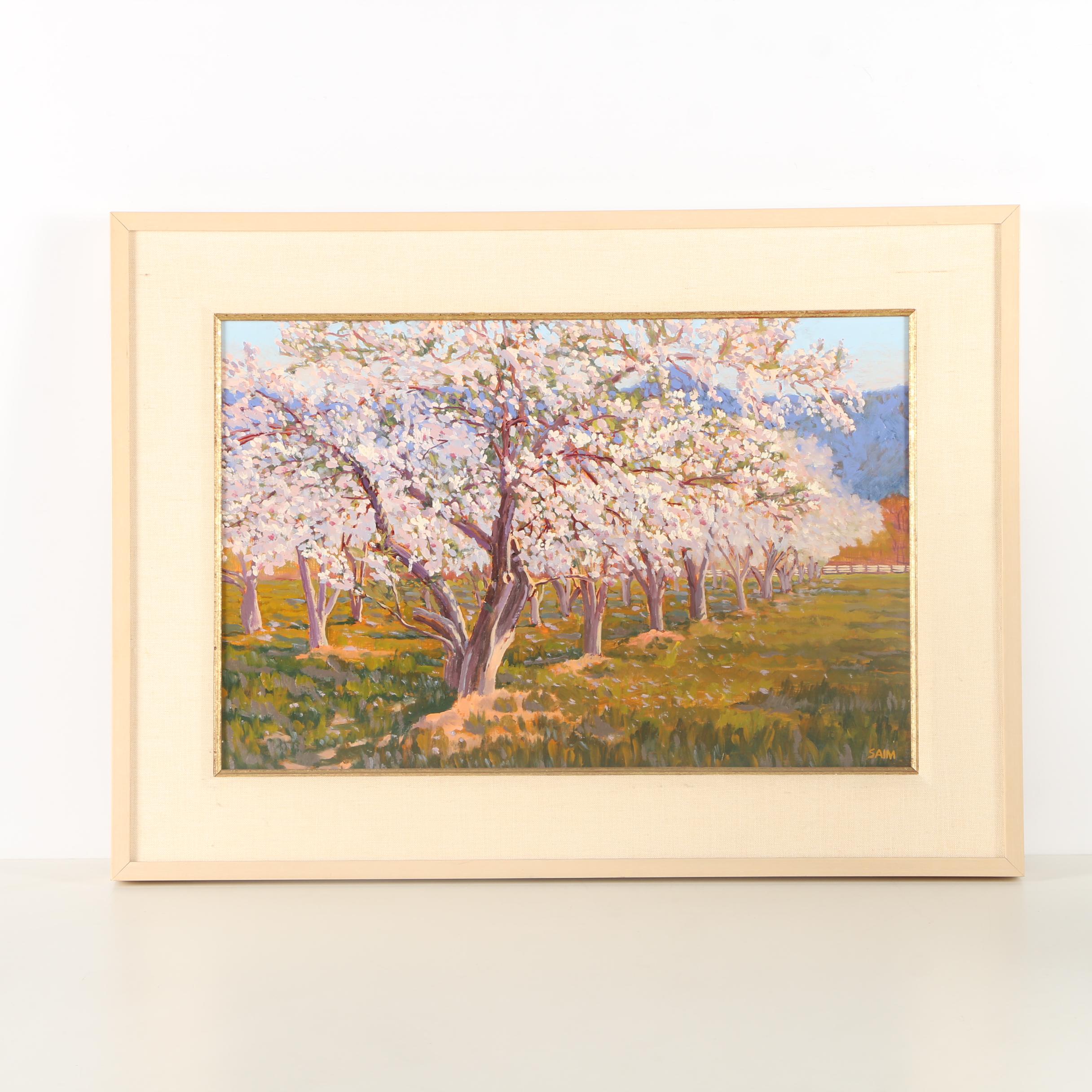 Signed Oil on Board Painting of Blossoming Apple Trees