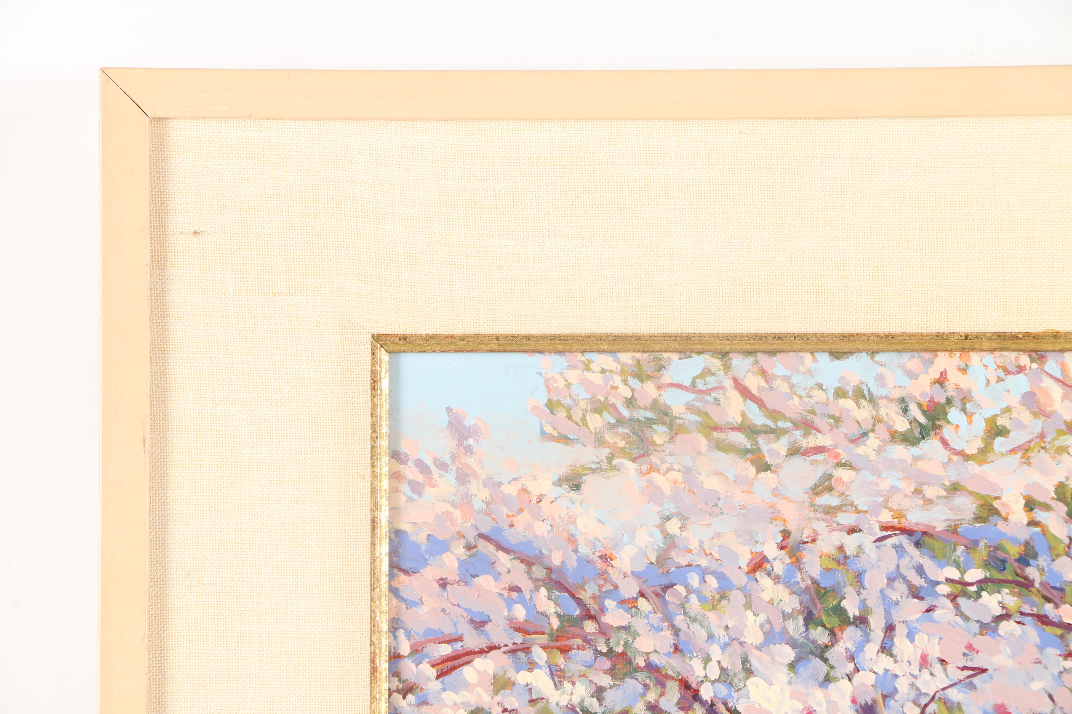 Signed Oil on Board Painting of Blossoming Apple Trees