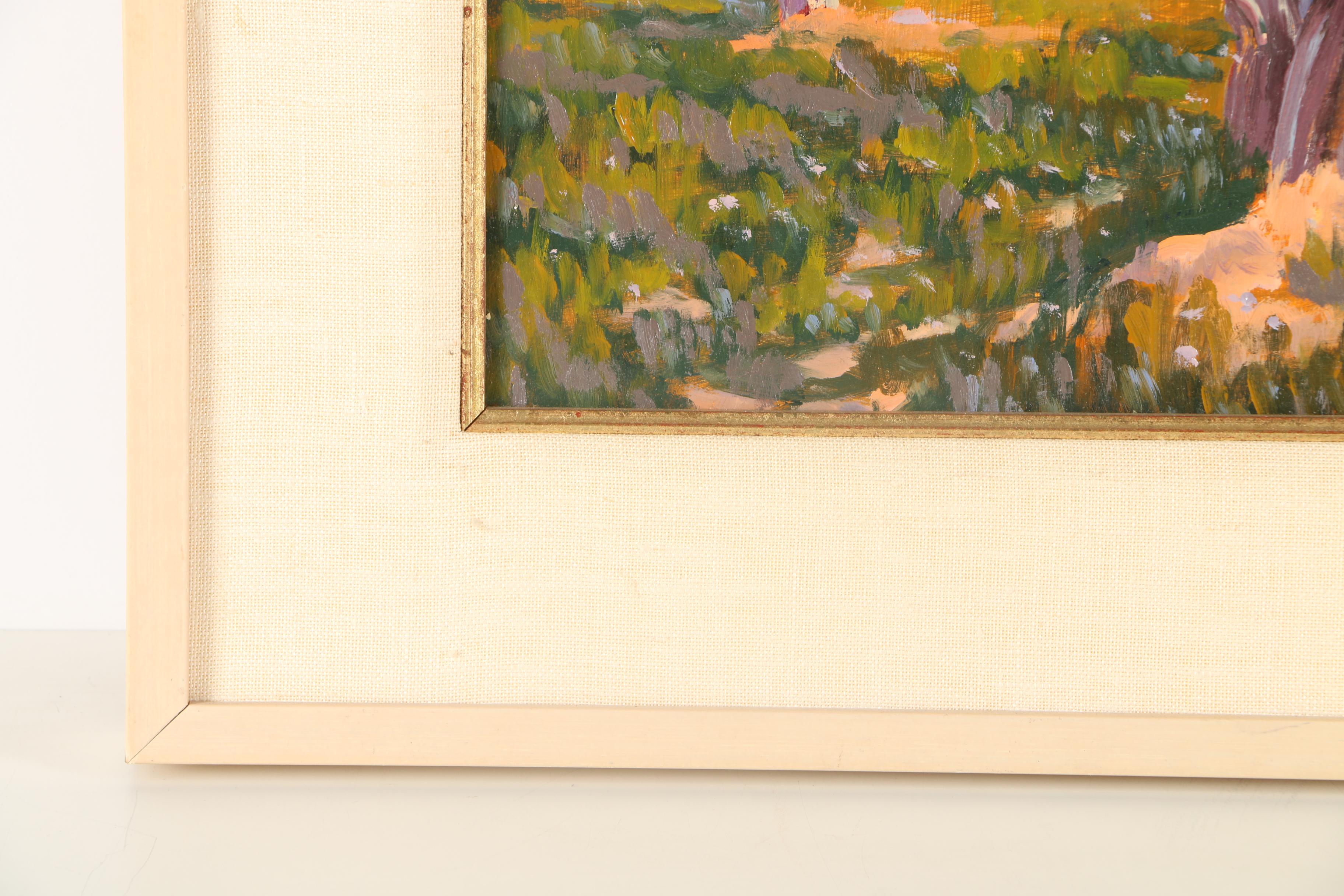 Signed Oil on Board Painting of Blossoming Apple Trees