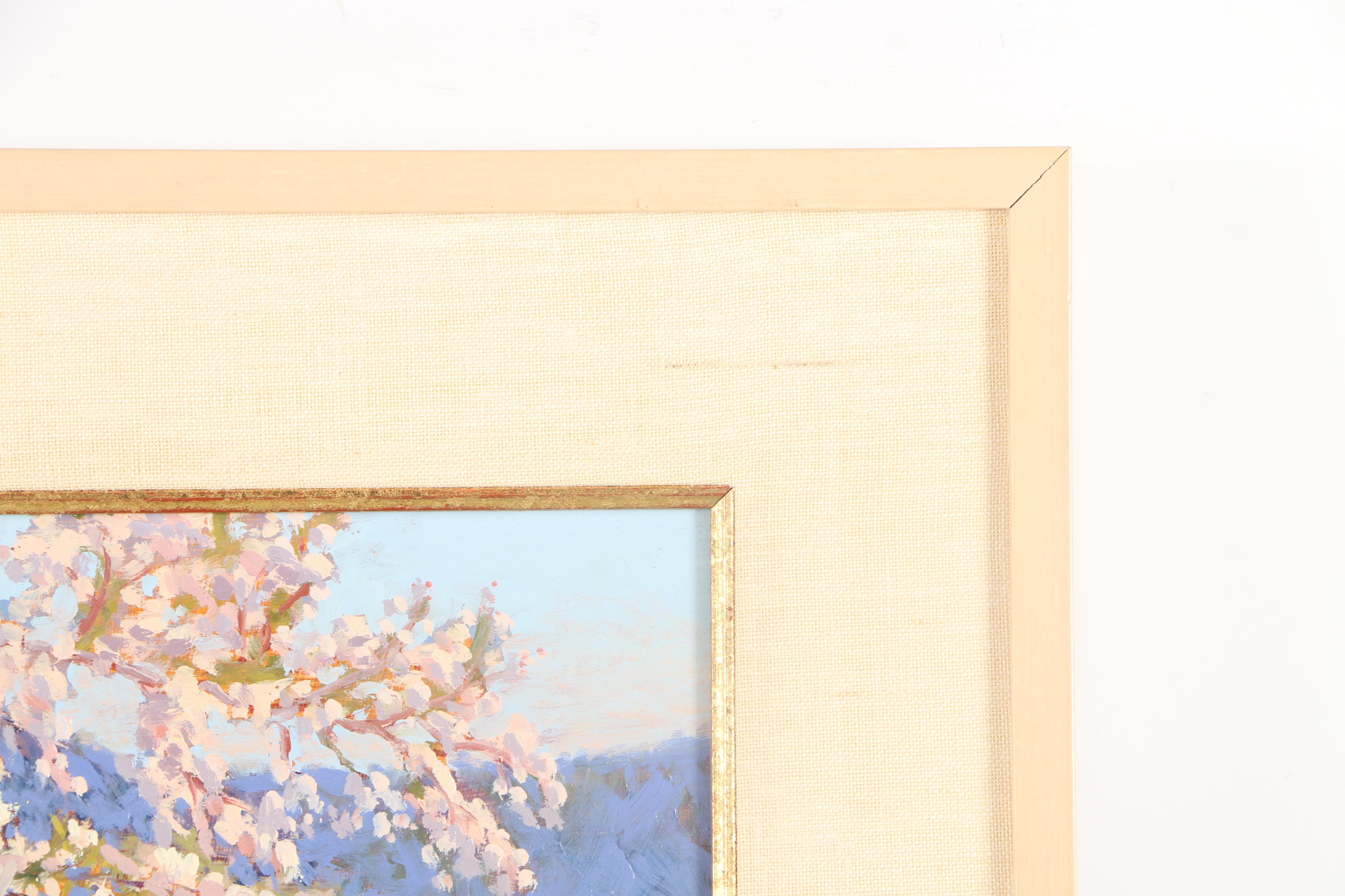 Signed Oil on Board Painting of Blossoming Apple Trees