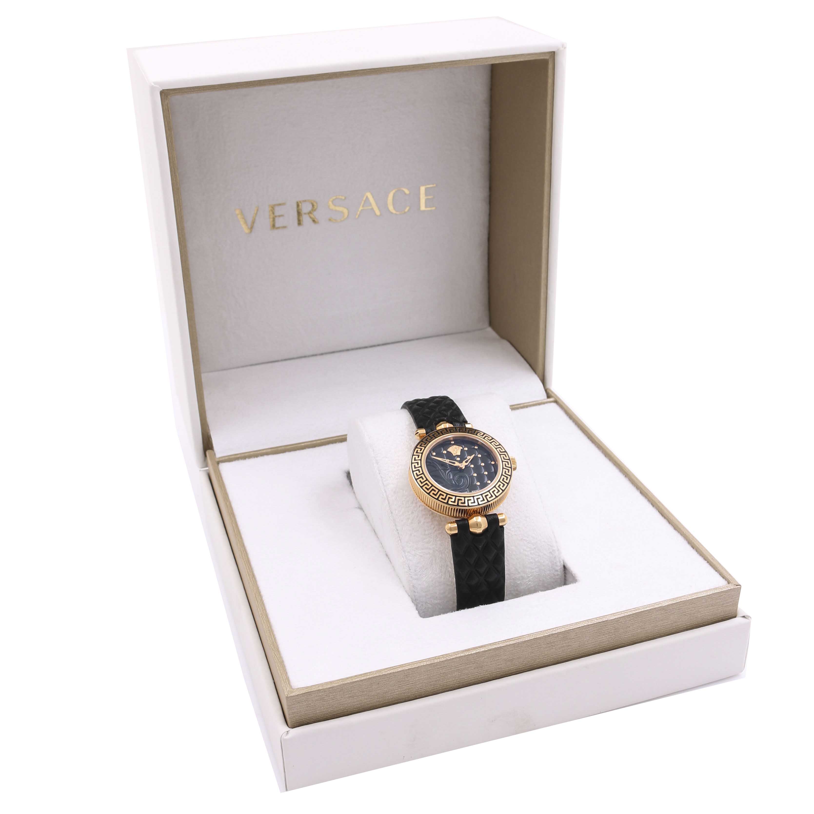 Versace Black Micro Vanitas Dial Quilted Pattern Leather Strap Watch