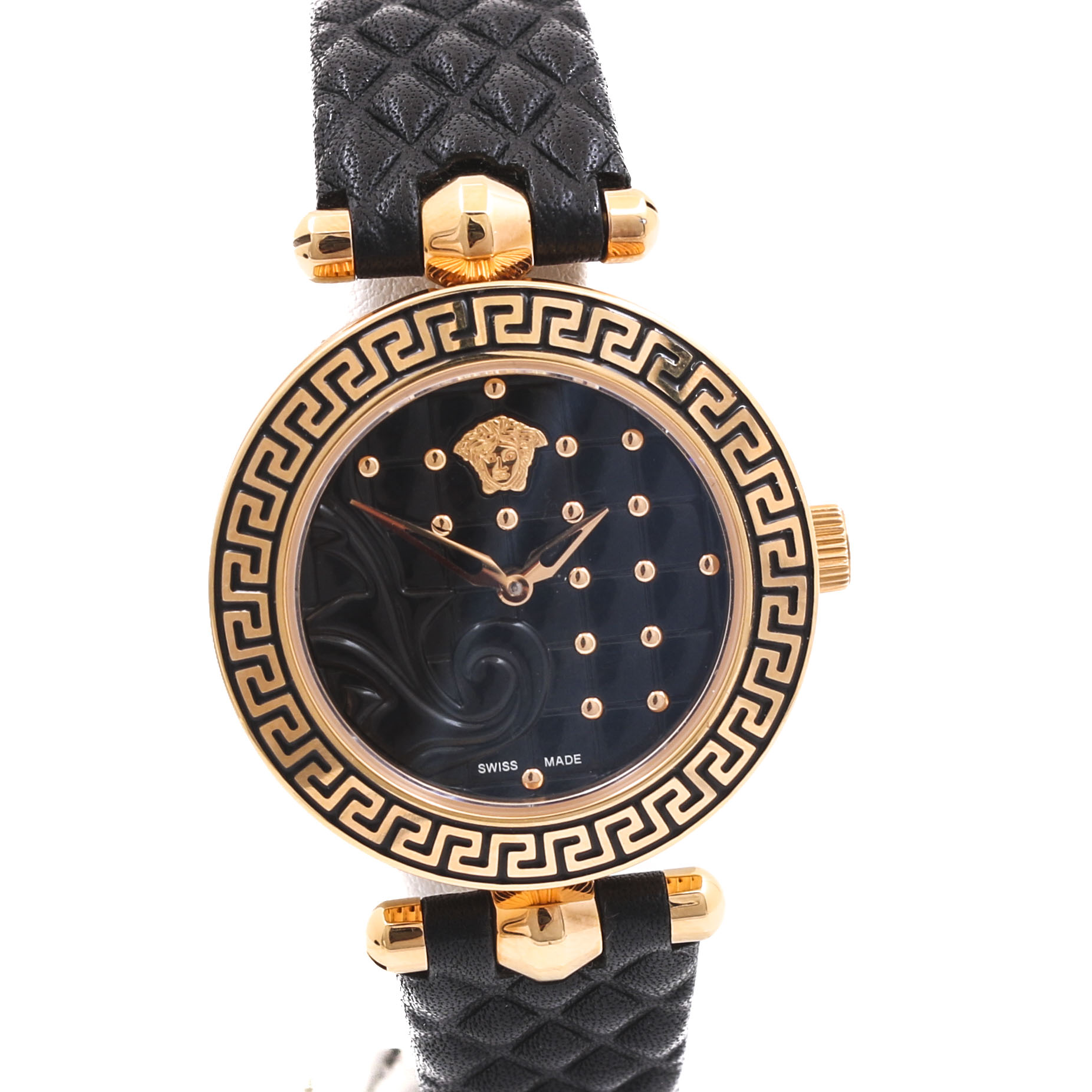 Versace Black Micro Vanitas Dial Quilted Pattern Leather Strap Watch