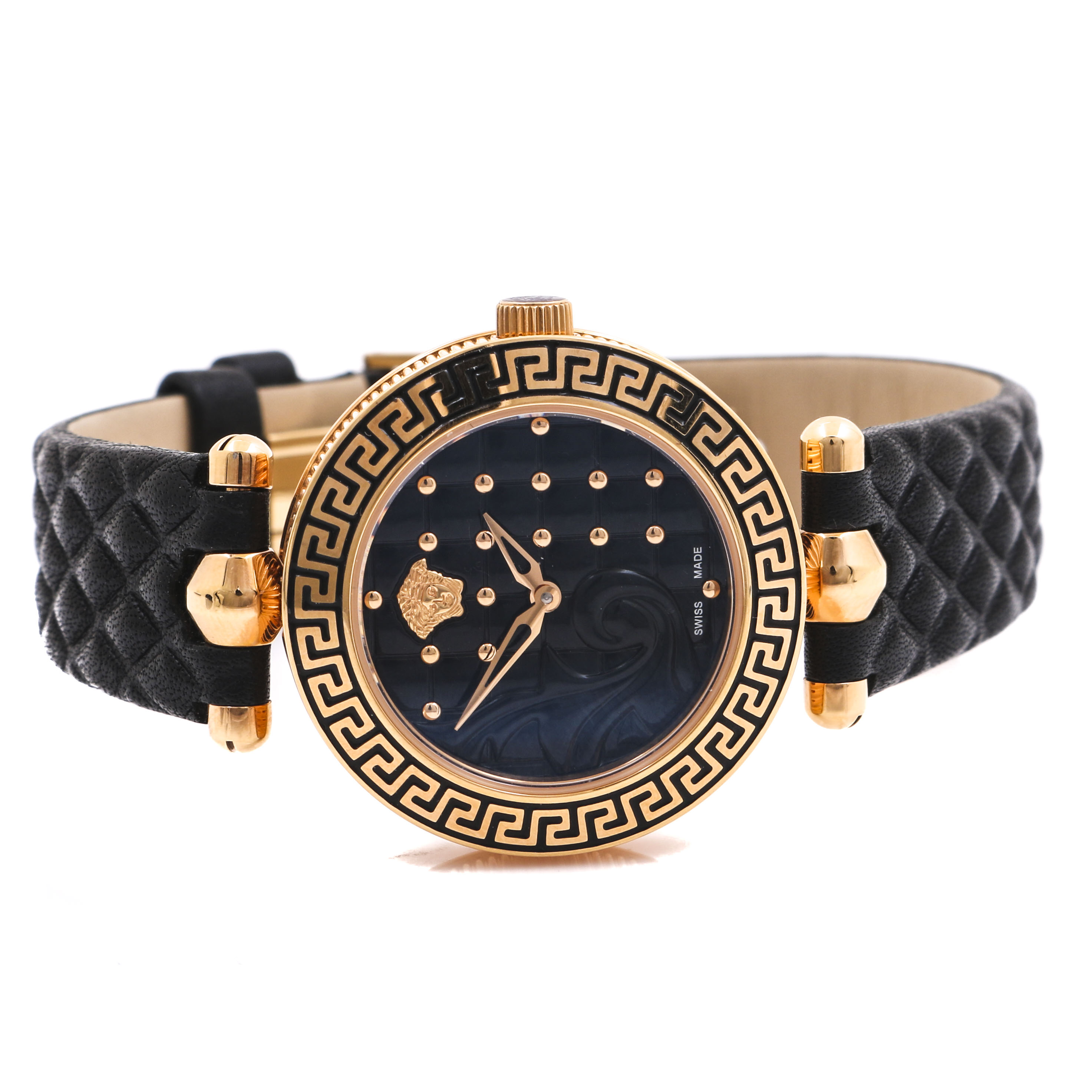Versace Black Micro Vanitas Dial Quilted Pattern Leather Strap Watch