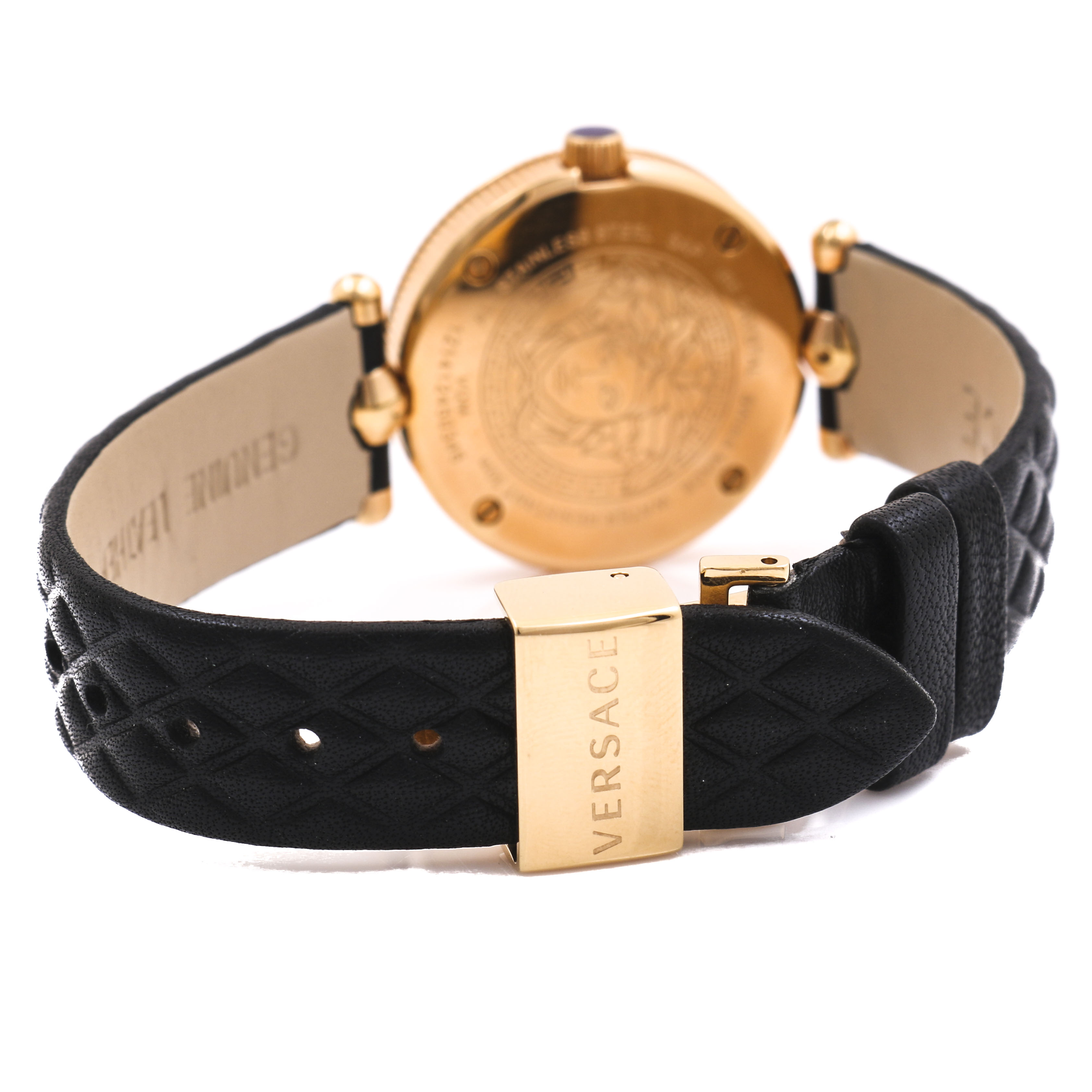 Versace Black Micro Vanitas Dial Quilted Pattern Leather Strap Watch