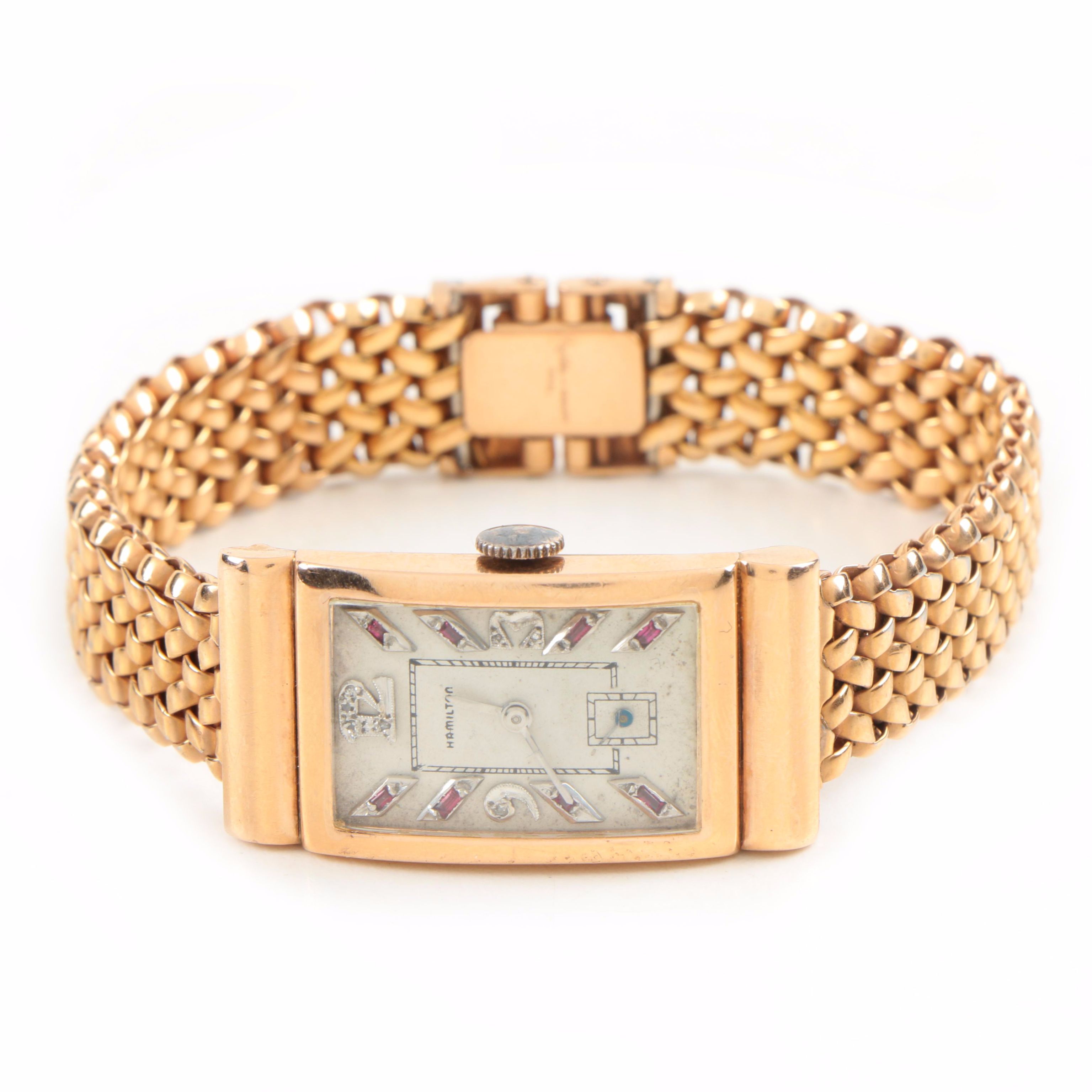 Vintage Tank Style Hamilton 14K Rose Gold Watch with Gold Plated Bracelet