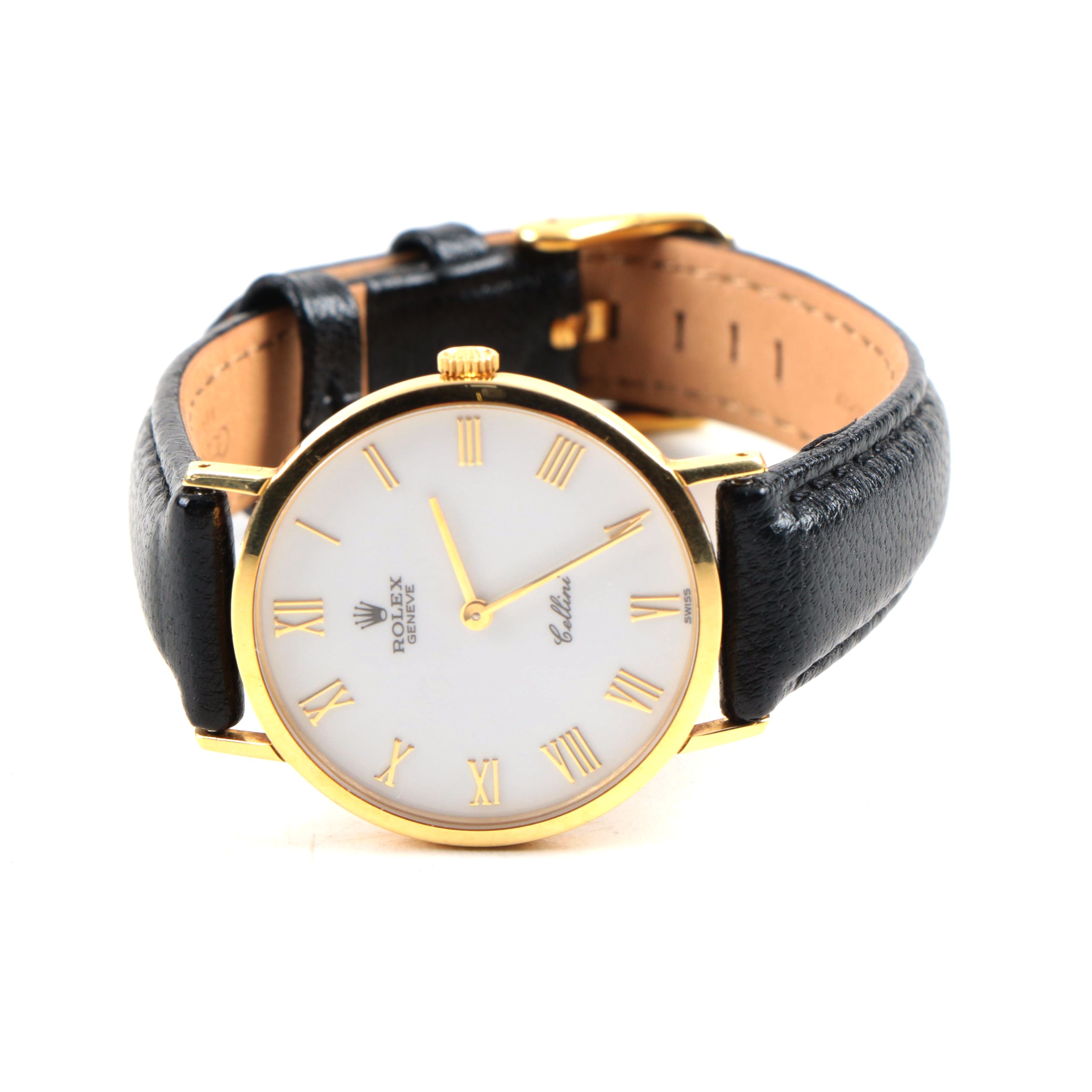 Rolex 18K Yellow Gold Geneve "Cellini" Watch with Black Leather Band