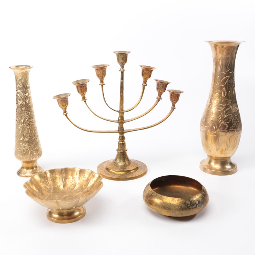 Indian Brass Menorah and Vessels