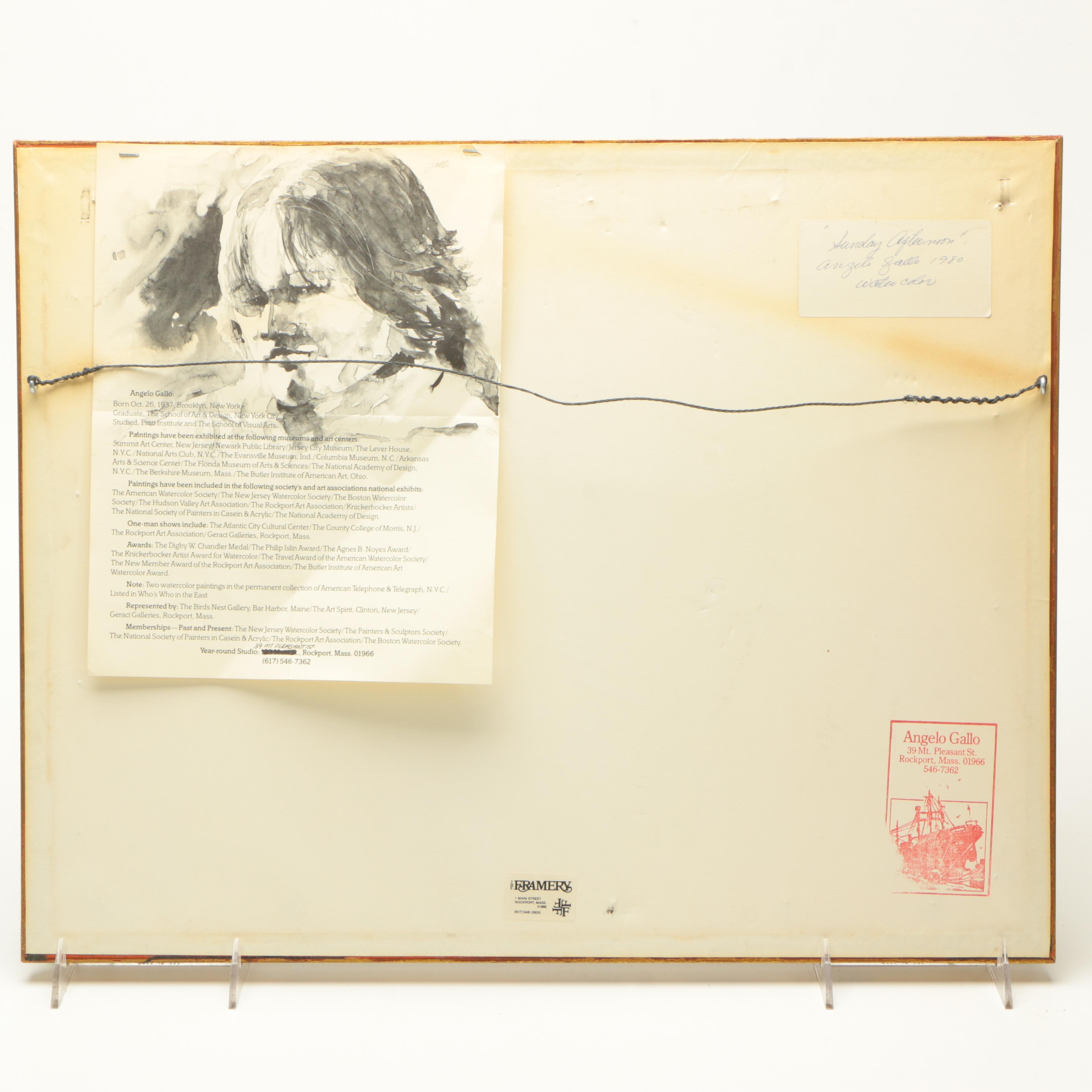 Angelo Gallo 1980 Watercolor Painting on Paper "Sunday Afternoon"