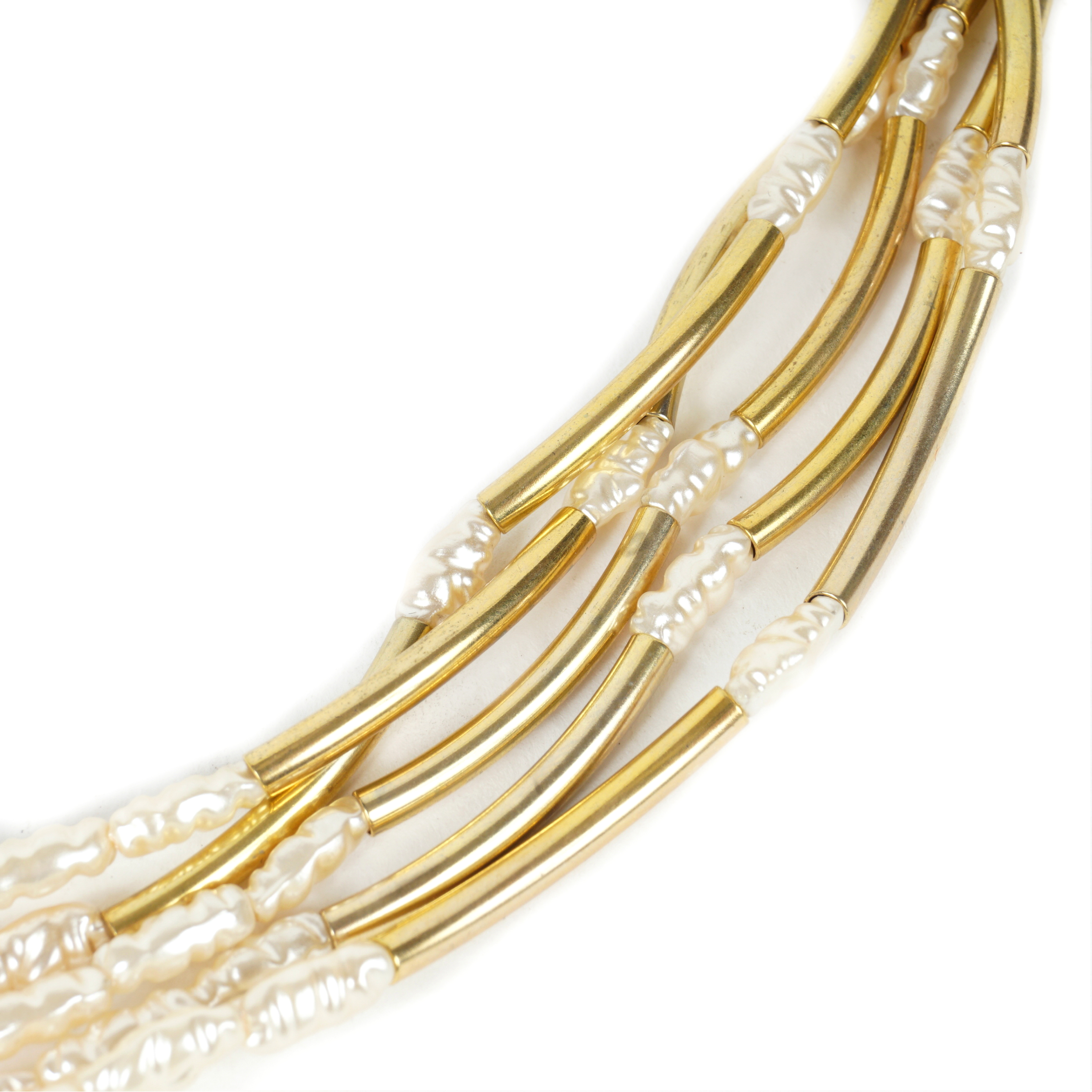 Vintage Brass Tone Bead and Faux Pearl Necklace