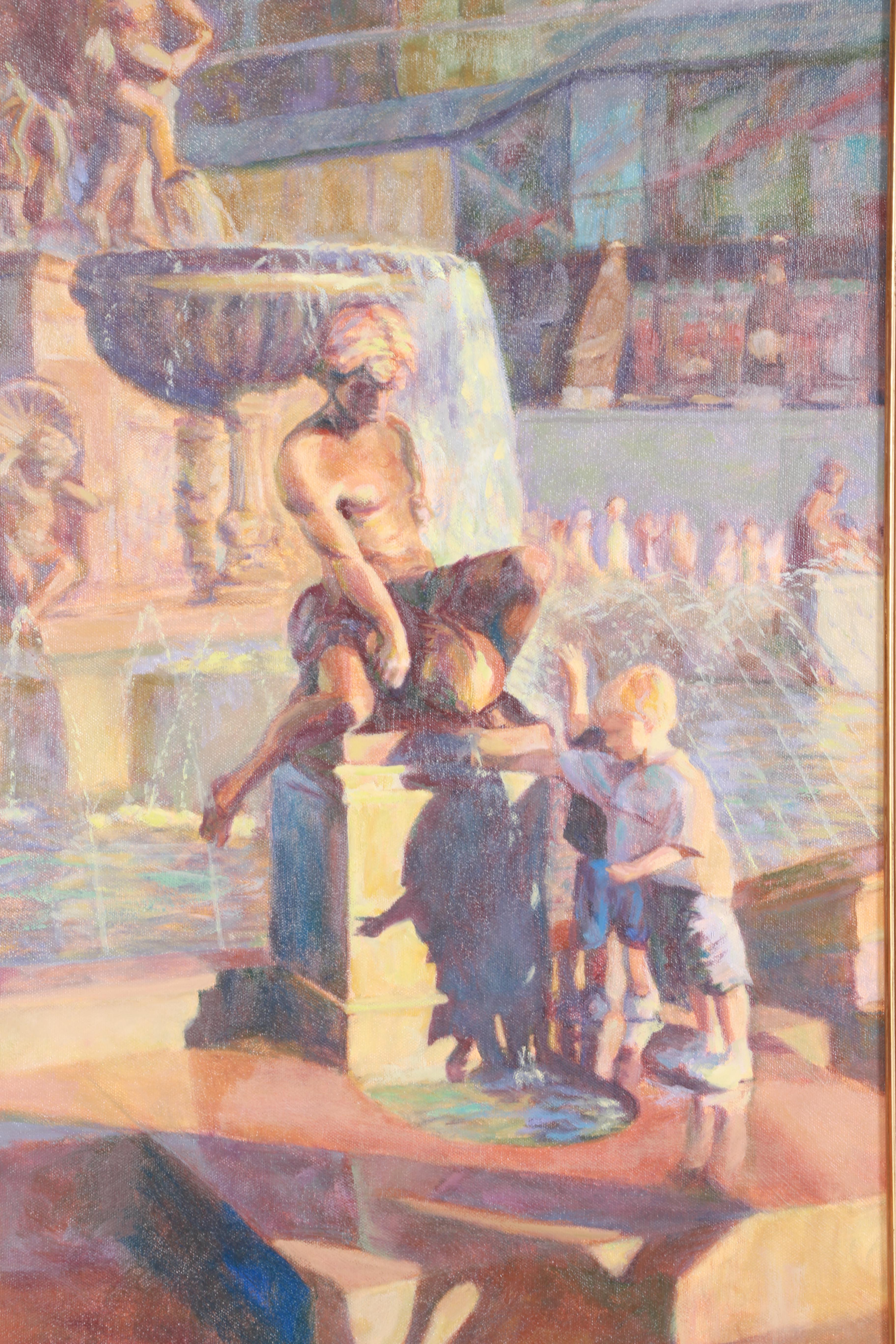Jan Boone Oil Painting of Children at a Fountain