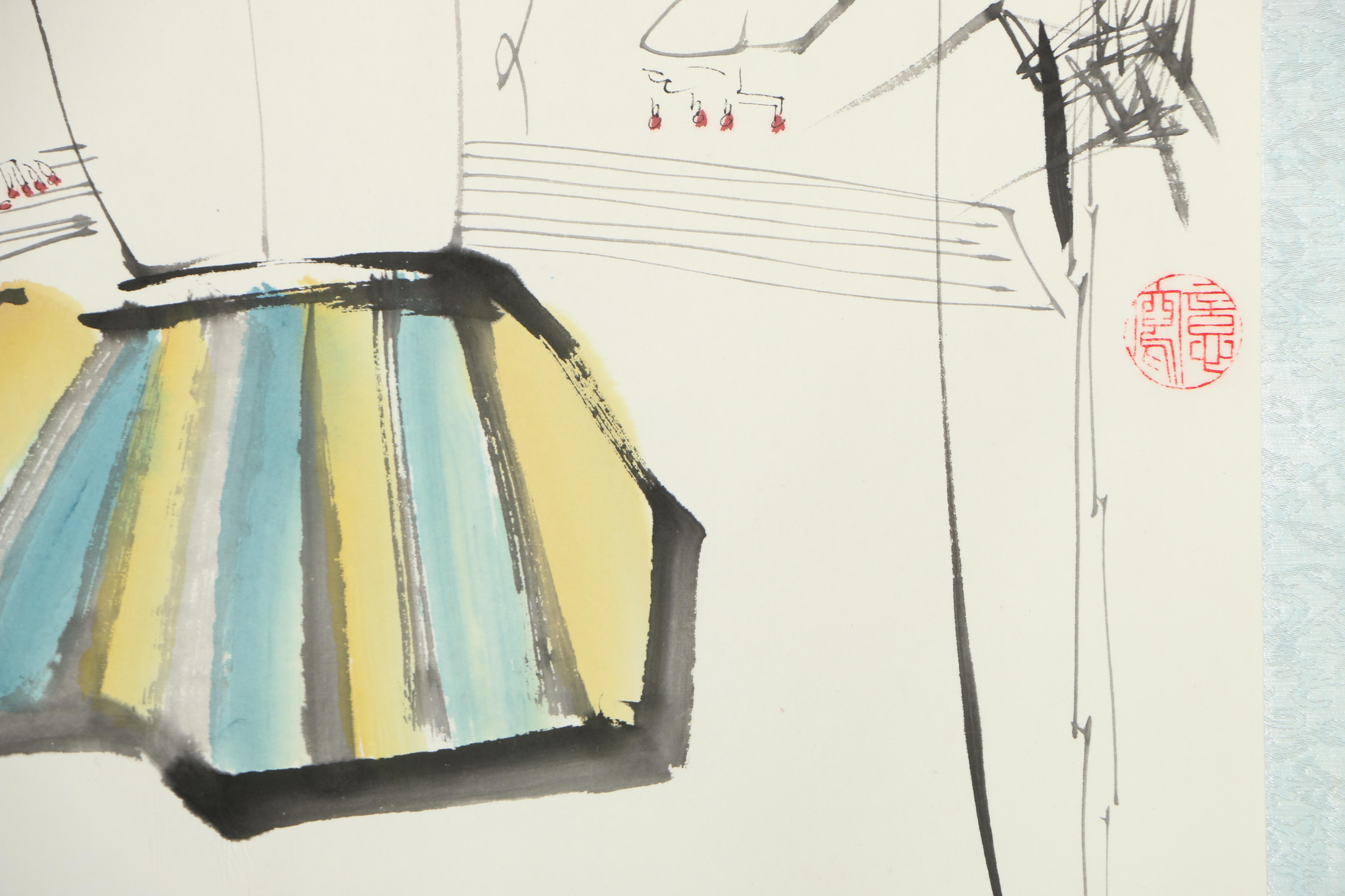 Chinese Watercolor and Gouache of Female Musicians Signed Wang Xijing