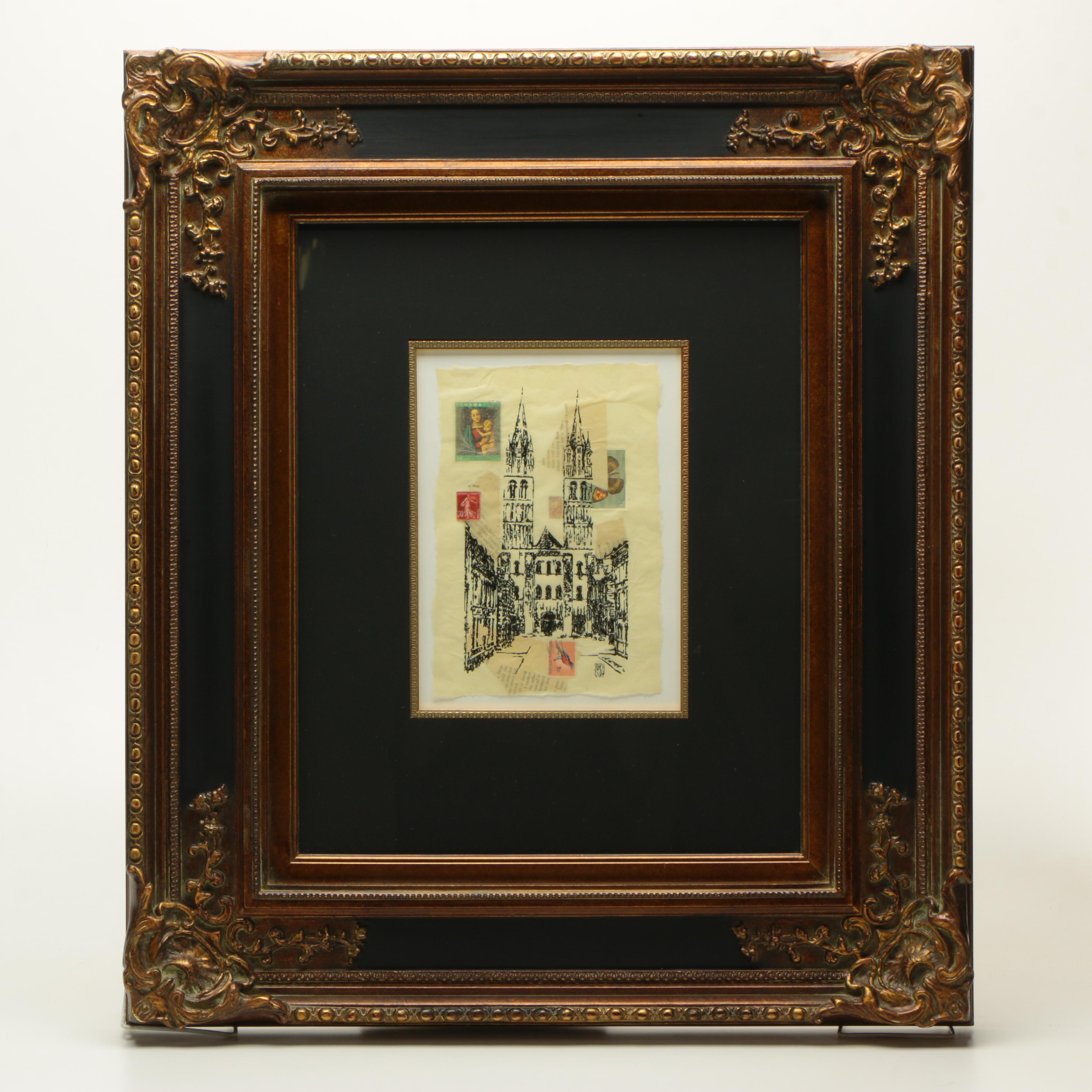 Joseph Guay Collage with Drawing of the Abbey of Saint-Étienne