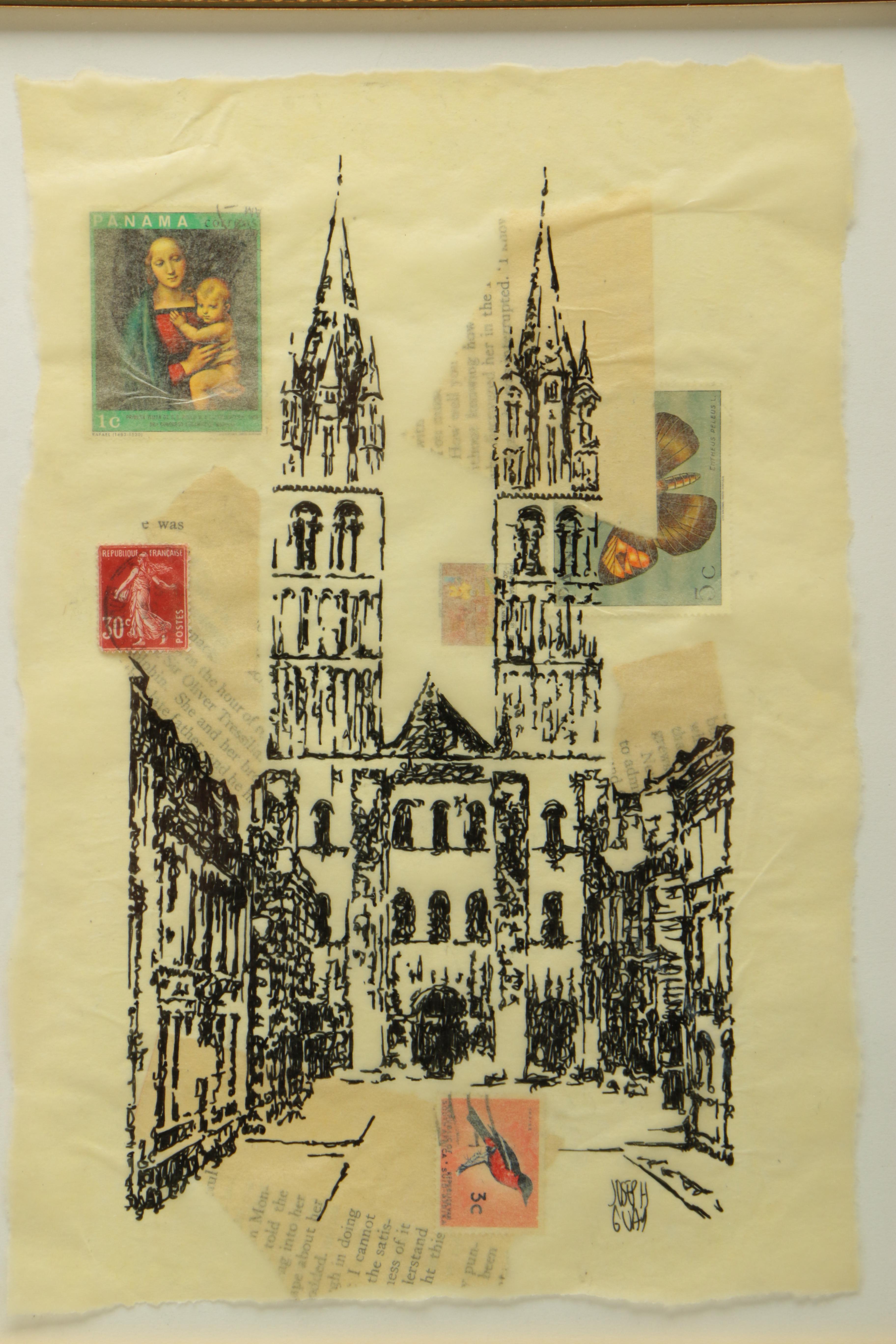 Joseph Guay Collage with Drawing of the Abbey of Saint-Étienne