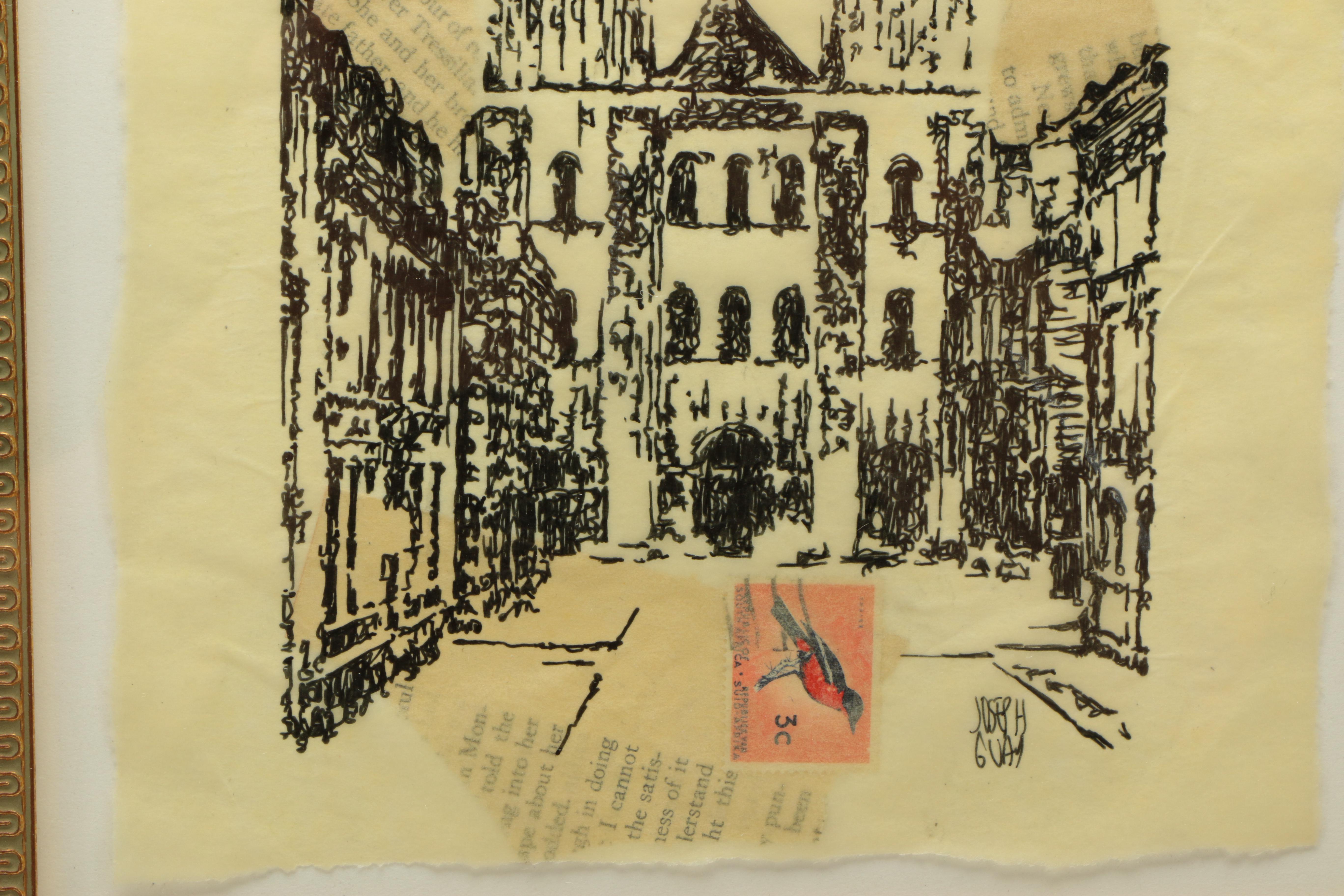 Joseph Guay Collage with Drawing of the Abbey of Saint-Étienne