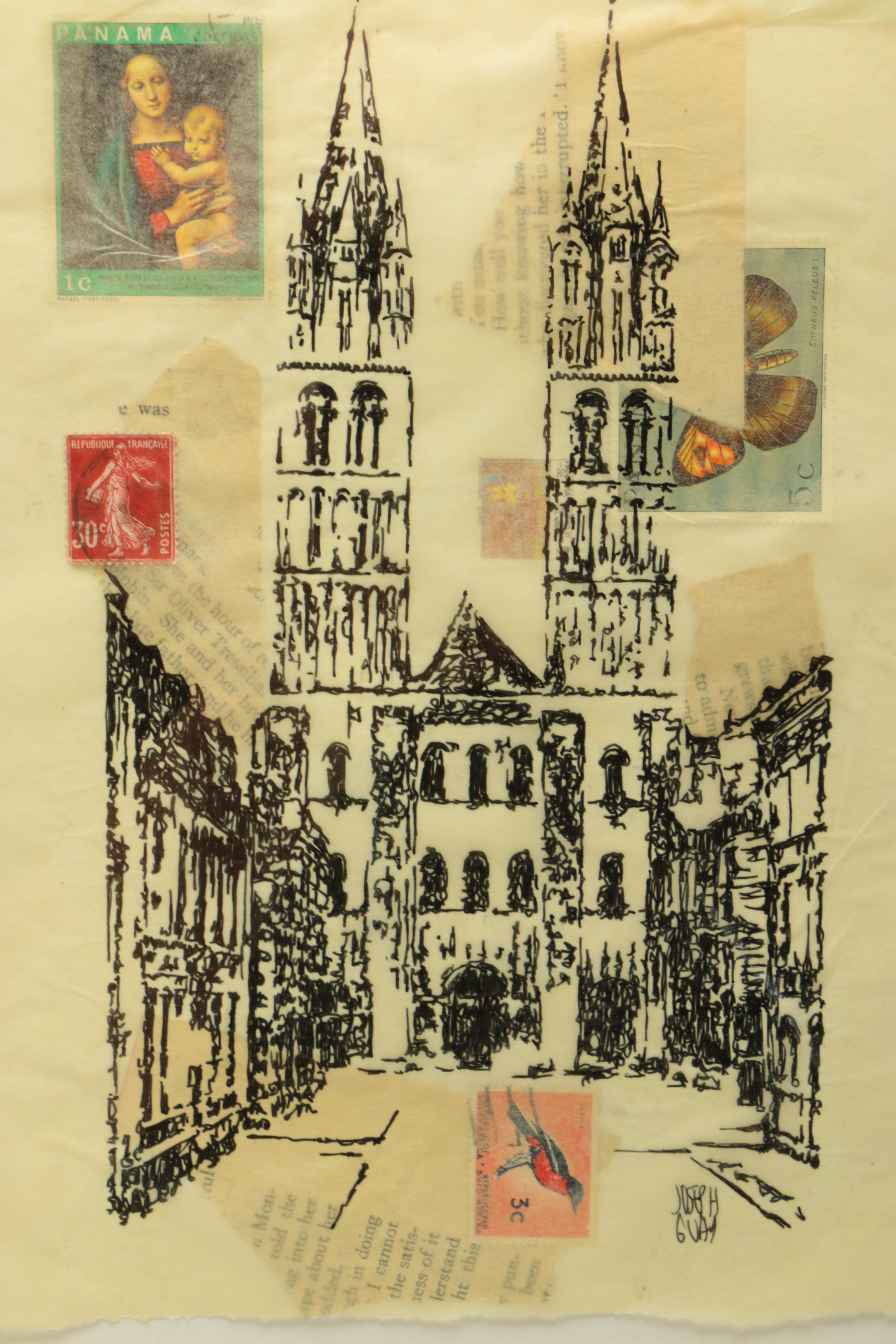 Joseph Guay Collage with Drawing of the Abbey of Saint-Étienne