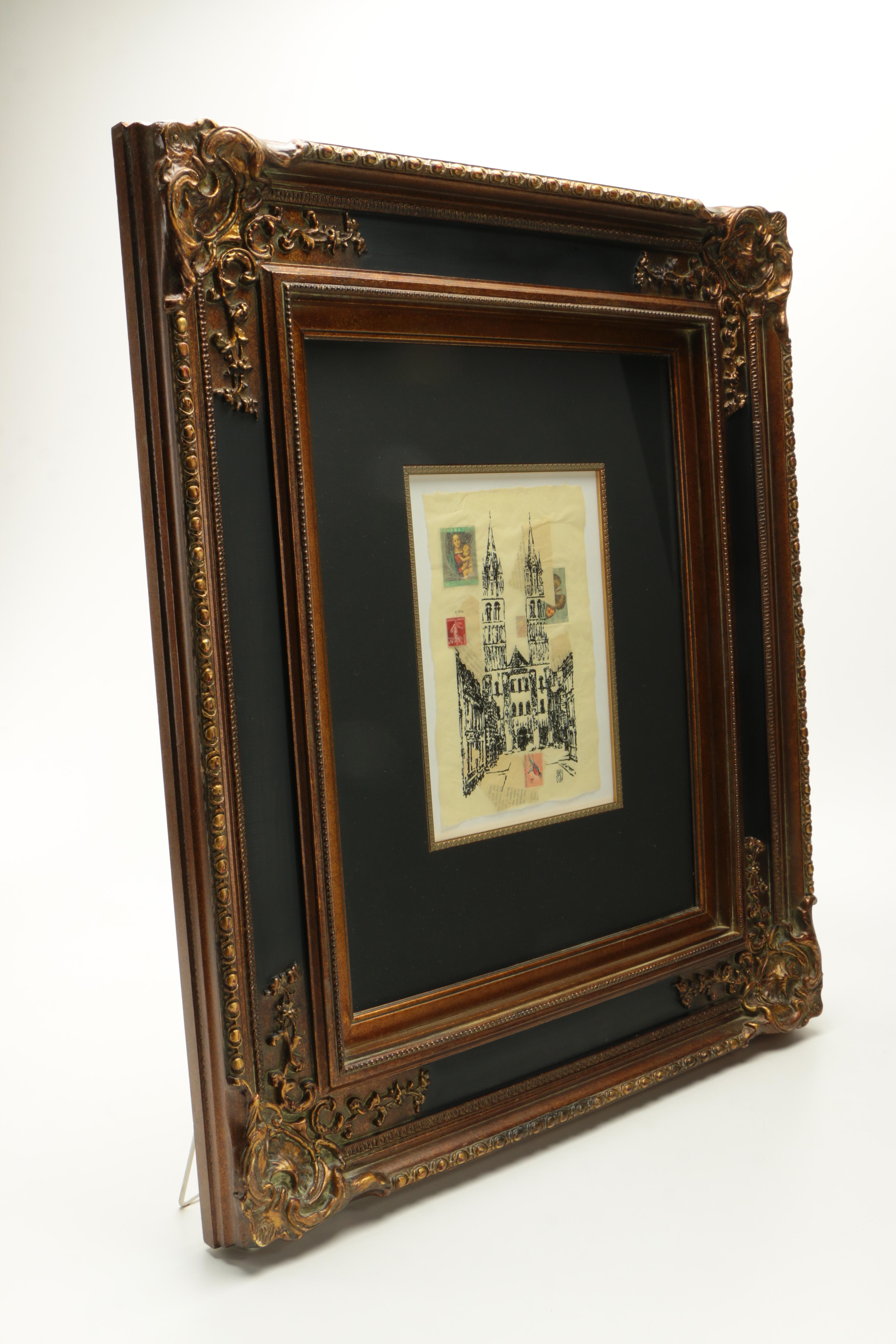 Joseph Guay Collage with Drawing of the Abbey of Saint-Étienne