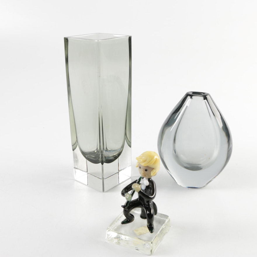 Smoked Crystal Vases and Figurine of Musician Including Orrefors