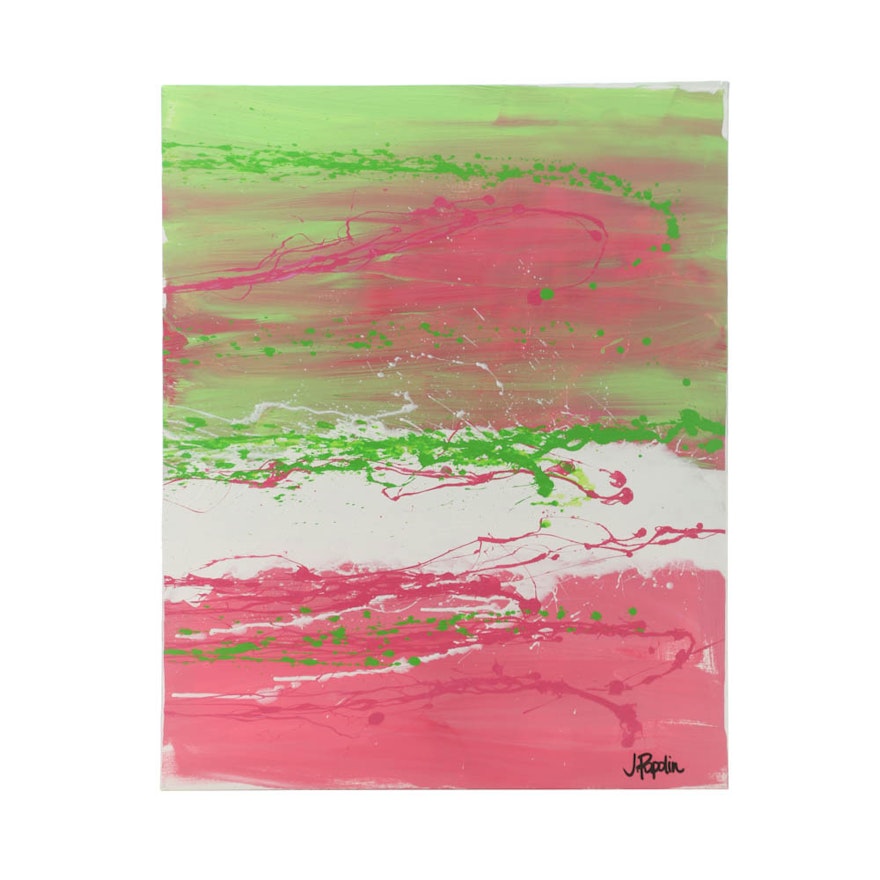 J. Popolin Original Acrylic Painting on Canvas "Pink Fade Green Dots"