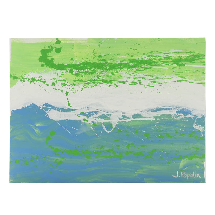 J. Popolin Original Acrylic Painting on Canvas "Blue Fade Green Drips"