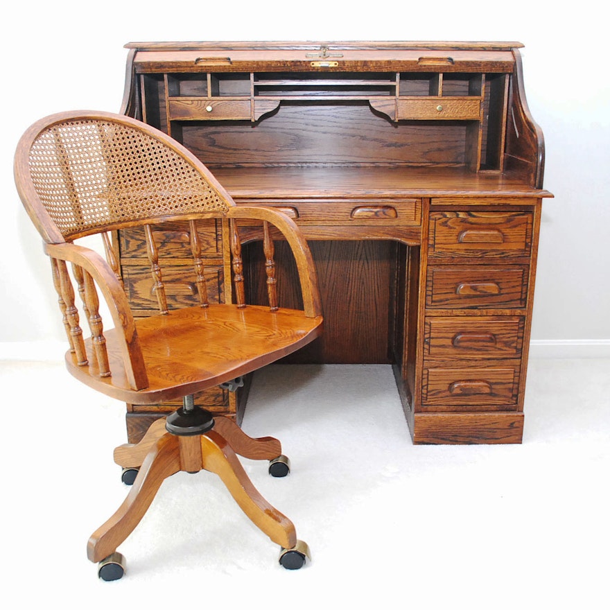 Oak Crest Roll Top Desk with Chair