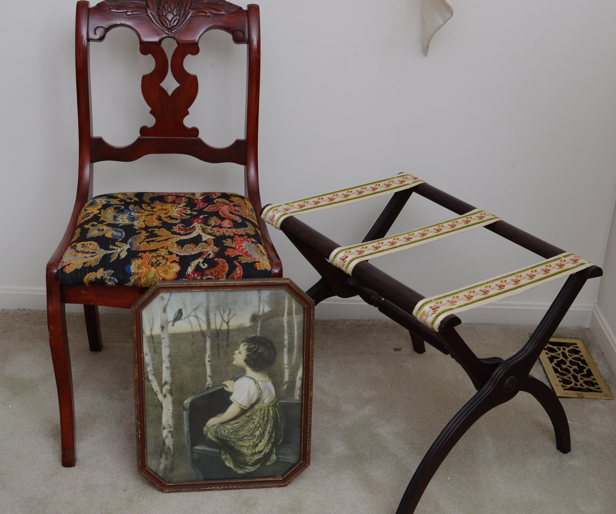 Vintage Cherry Side Chair, Folding Luggage Rack and Framed Print