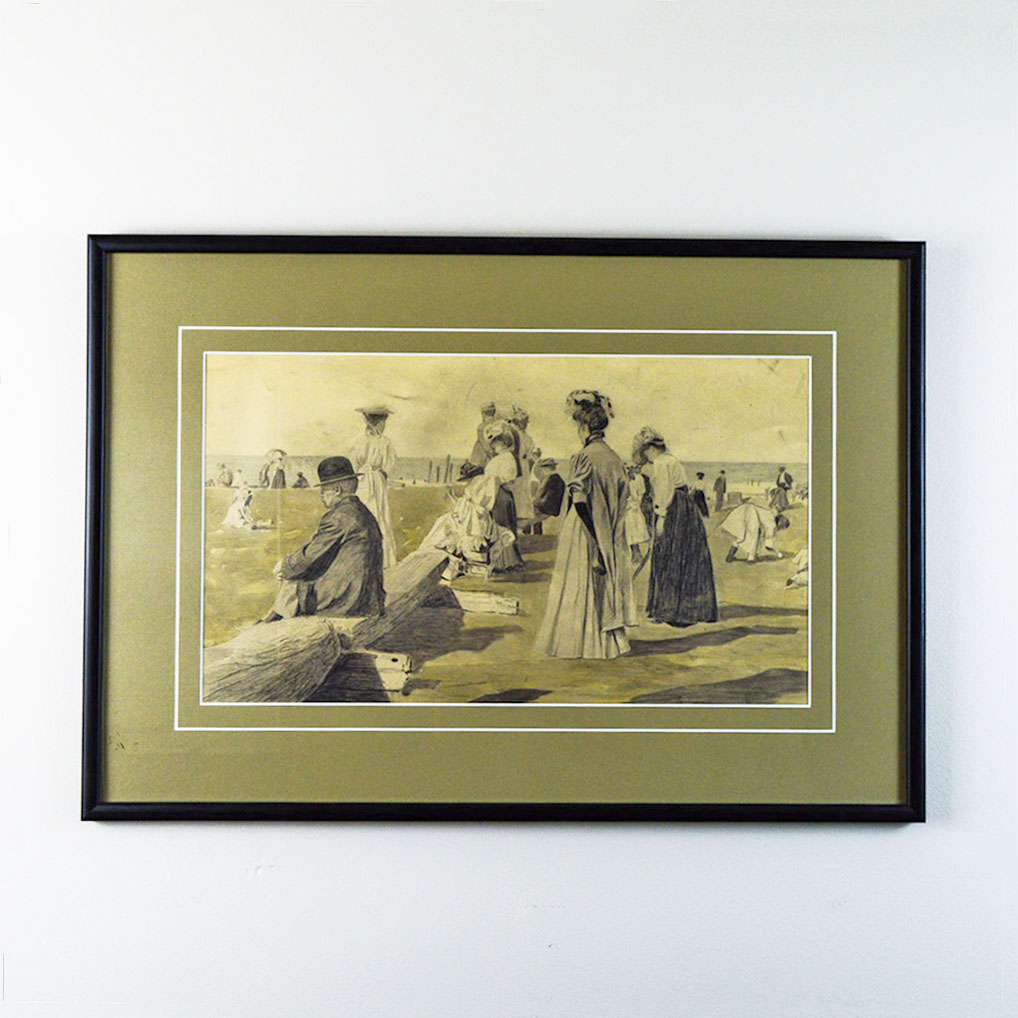 Victorian Beach Scene Black-and-White Watercolor and Pencil