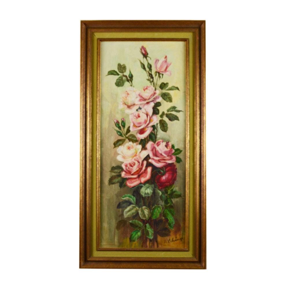 Original Oil on Canvas Rose Still Life by E. Schürer
