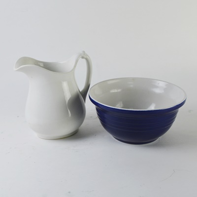 W.S. George Ironstone Pitcher and Blue Stoneware Bowl