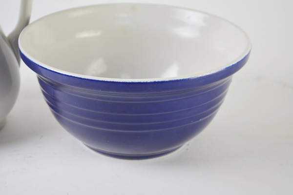 W.S. George Ironstone Pitcher and Blue Stoneware Bowl