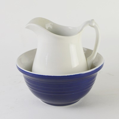 W.S. George Ironstone Pitcher and Blue Stoneware Bowl