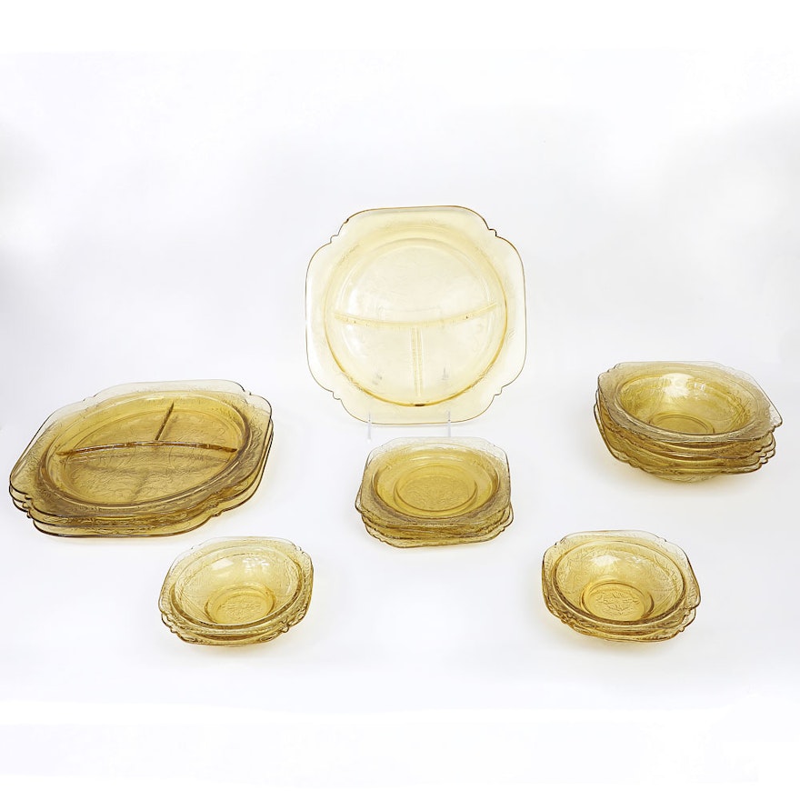 Collection of Amber Federal Glass "Madrid" Dinnerware