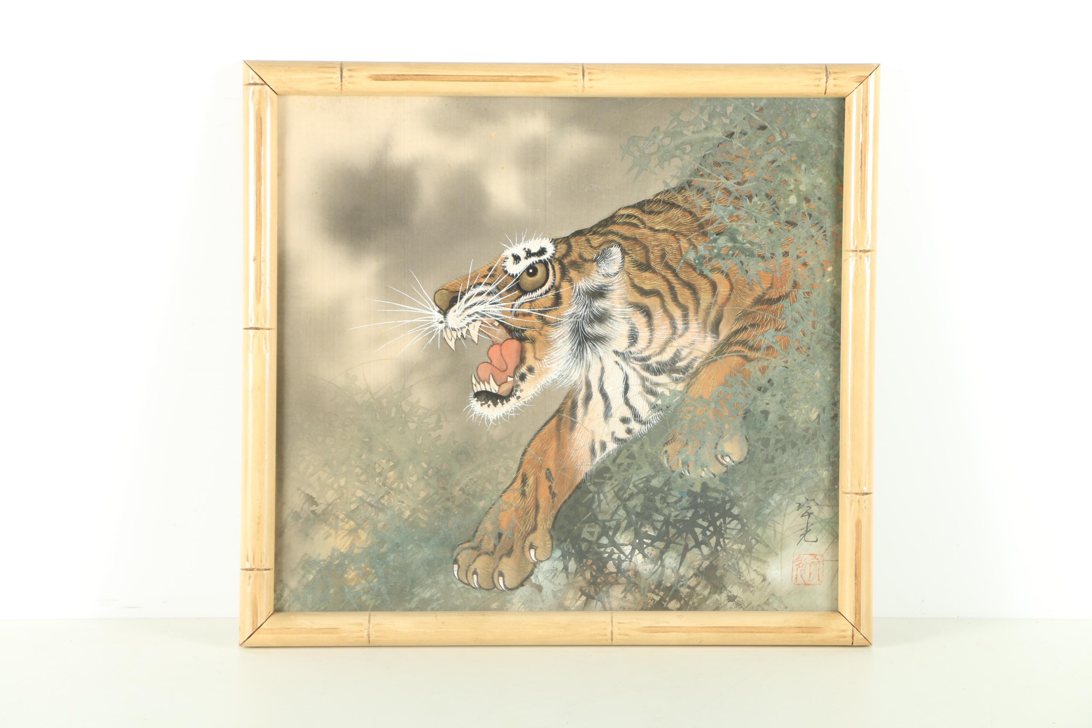 East Asian Style Ink and Watercolor Paintings on Silk of Tigers
