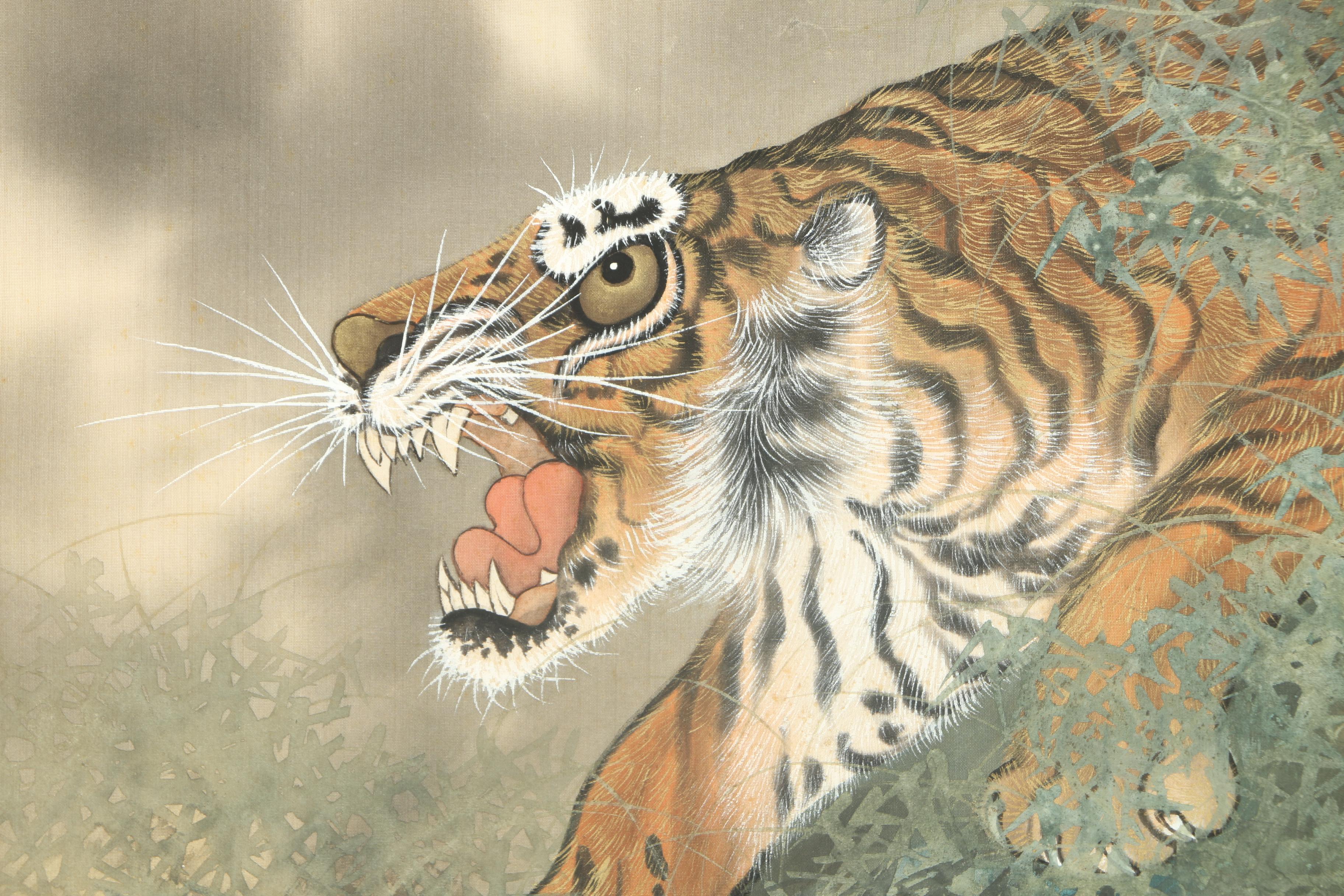 East Asian Style Ink and Watercolor Paintings on Silk of Tigers