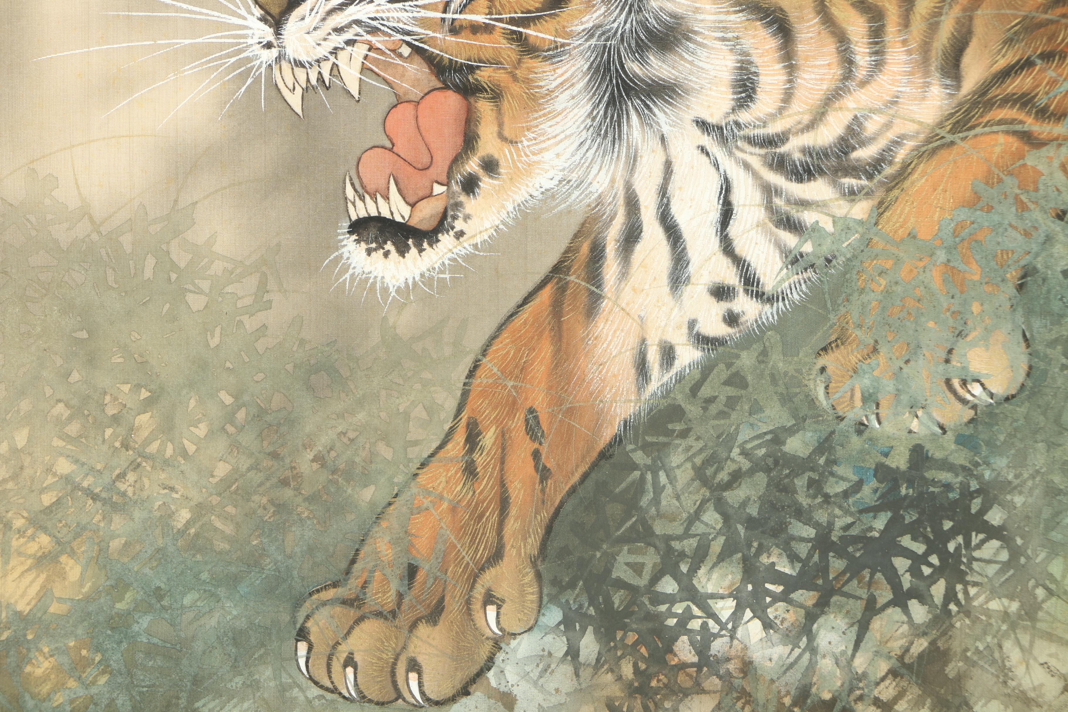 East Asian Style Ink and Watercolor Paintings on Silk of Tigers
