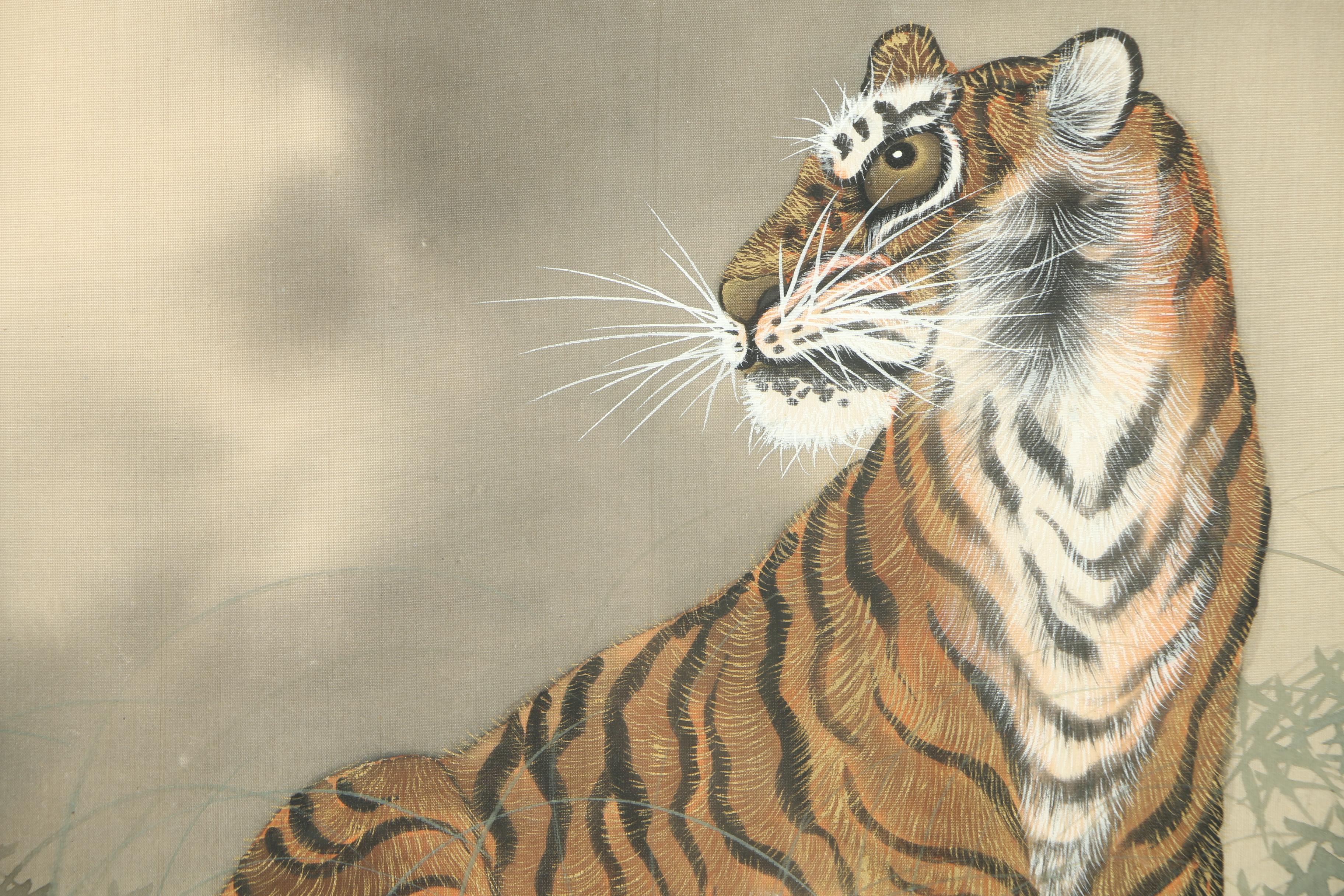 East Asian Style Ink and Watercolor Paintings on Silk of Tigers