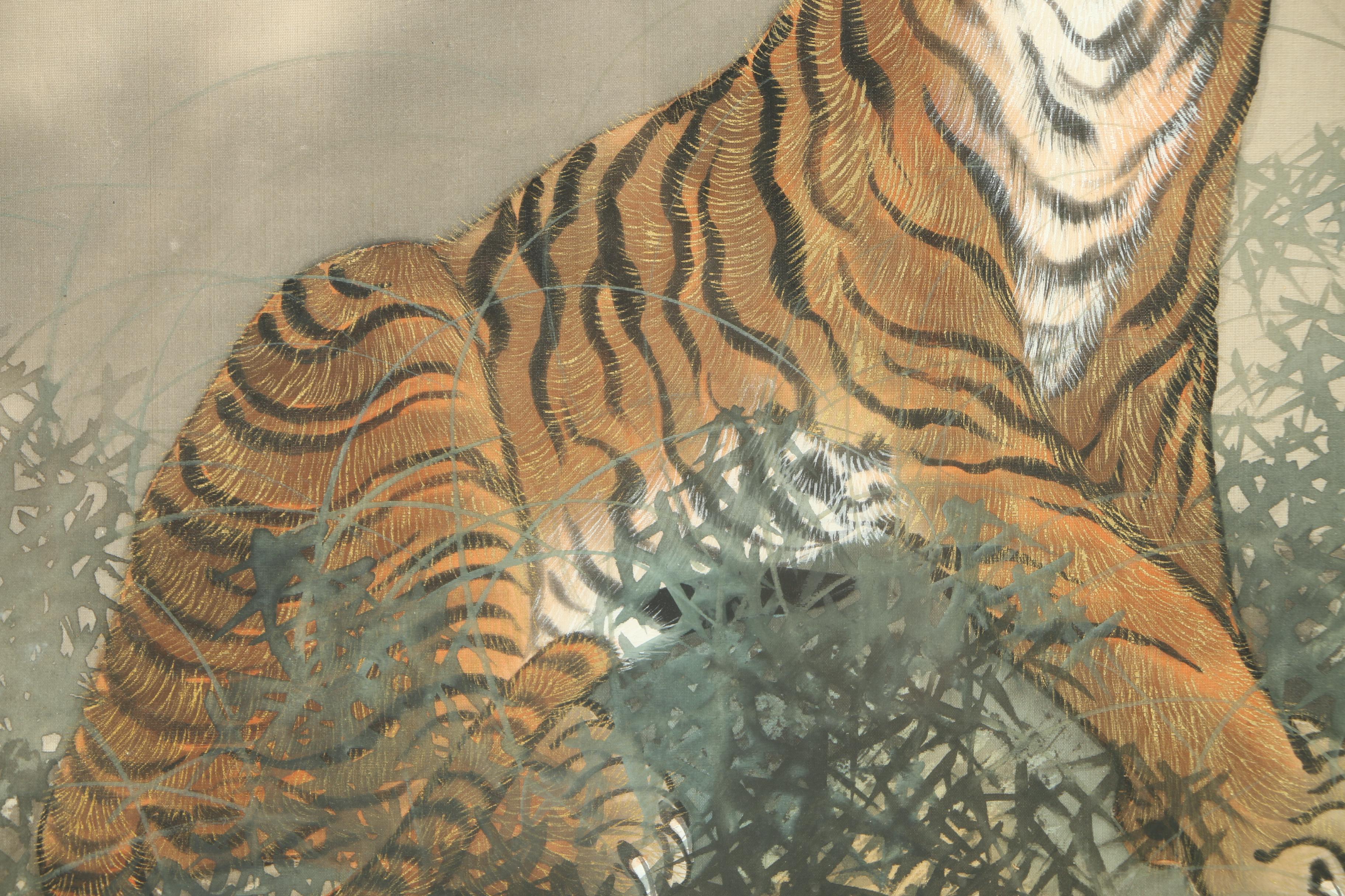 East Asian Style Ink and Watercolor Paintings on Silk of Tigers