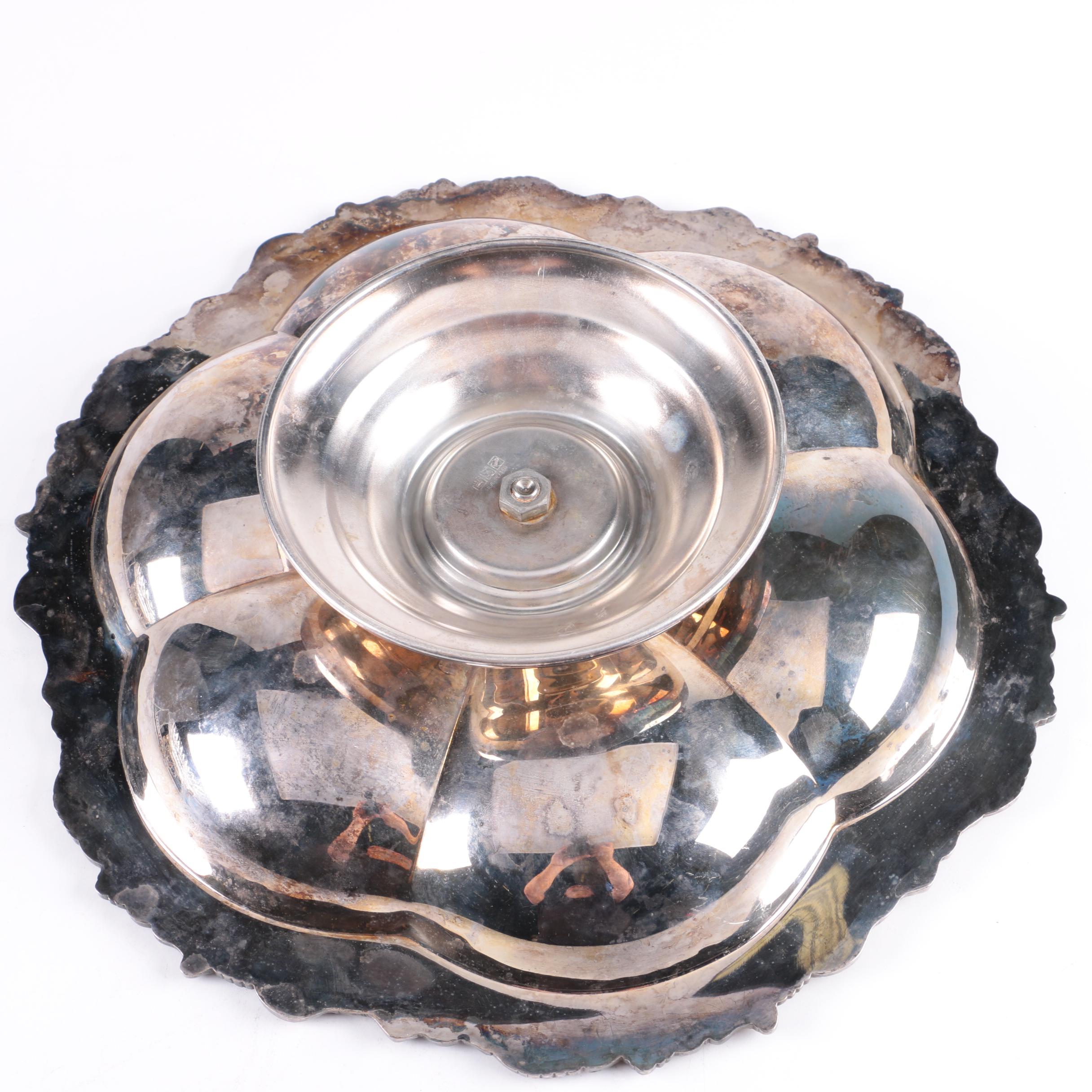 Sheridan Silver Plate Lazy Susan Appetizer Tray and Silver Plate Bowl on Stand