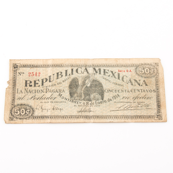 1914 Republica Mexicana 50 Centavos Note From Monterrey