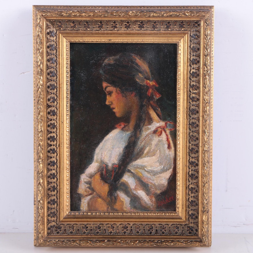 Oil Painting of Woman with Red Ribbons