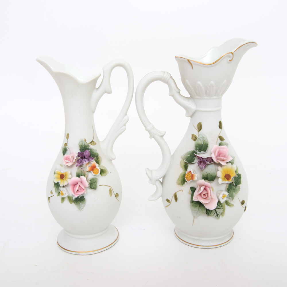 Lefton China Ewers with Applied Flower Decorations