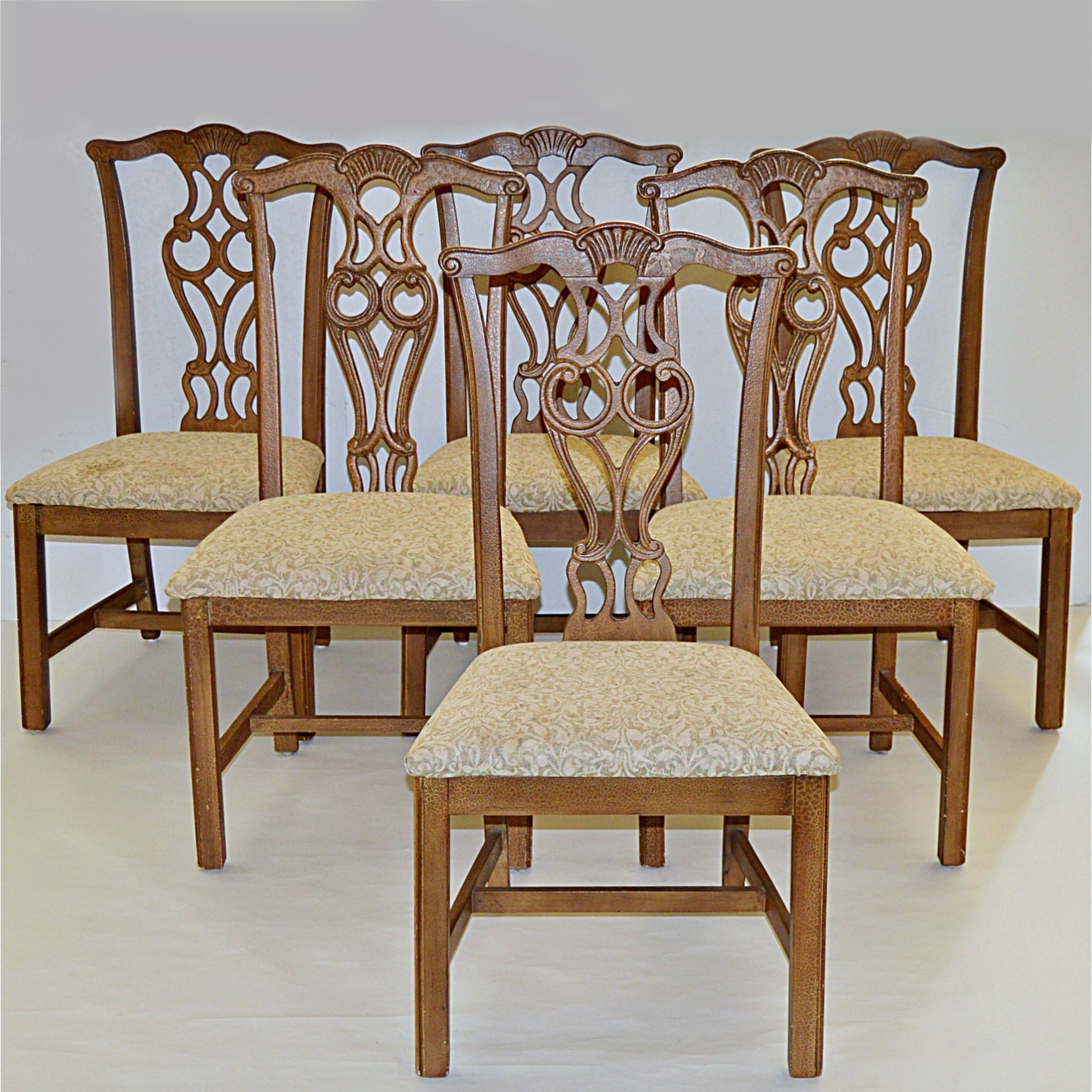 Set of Six Chippendale Style Chairs in an Aged Dark Cream Finish