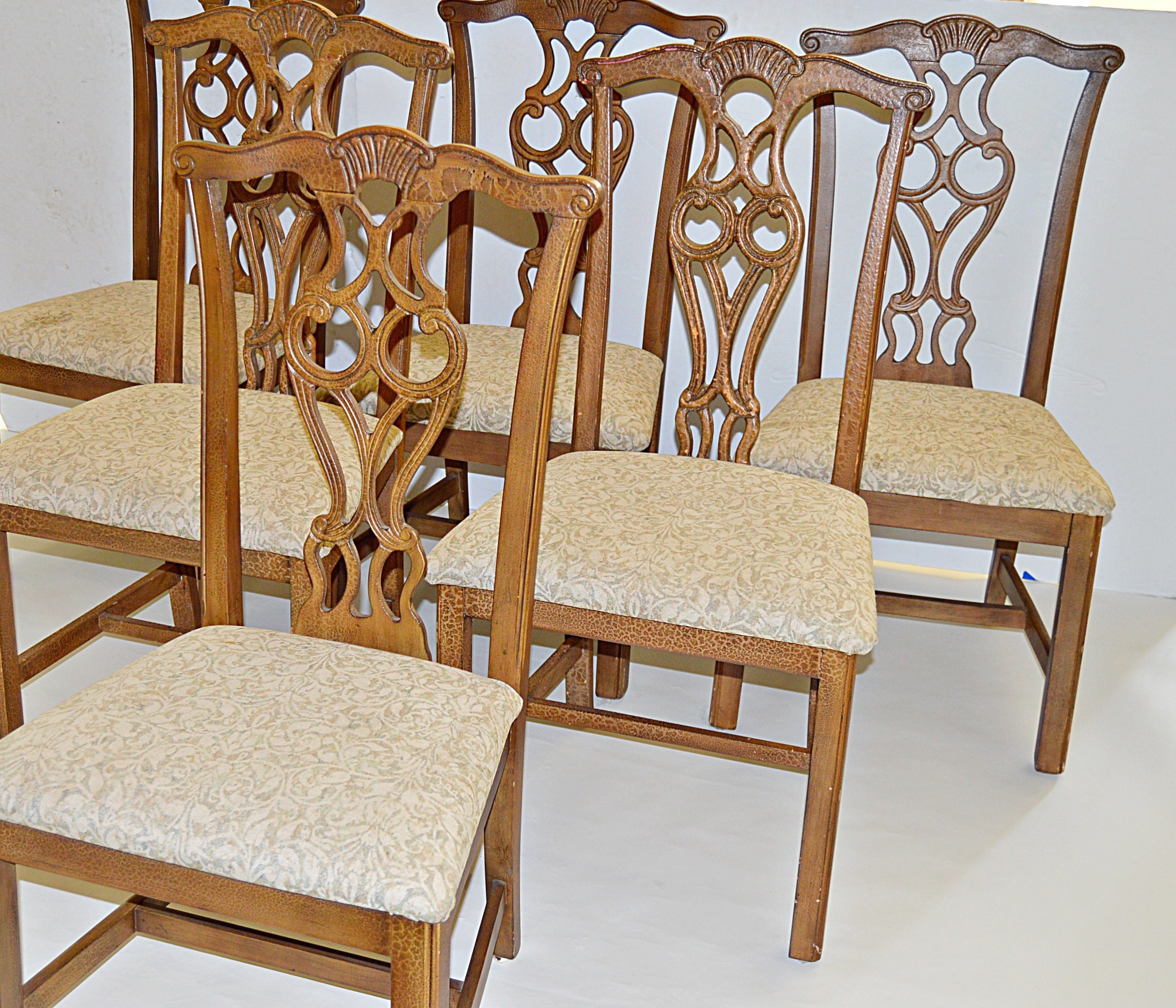 Set of Six Chippendale Style Chairs in an Aged Dark Cream Finish