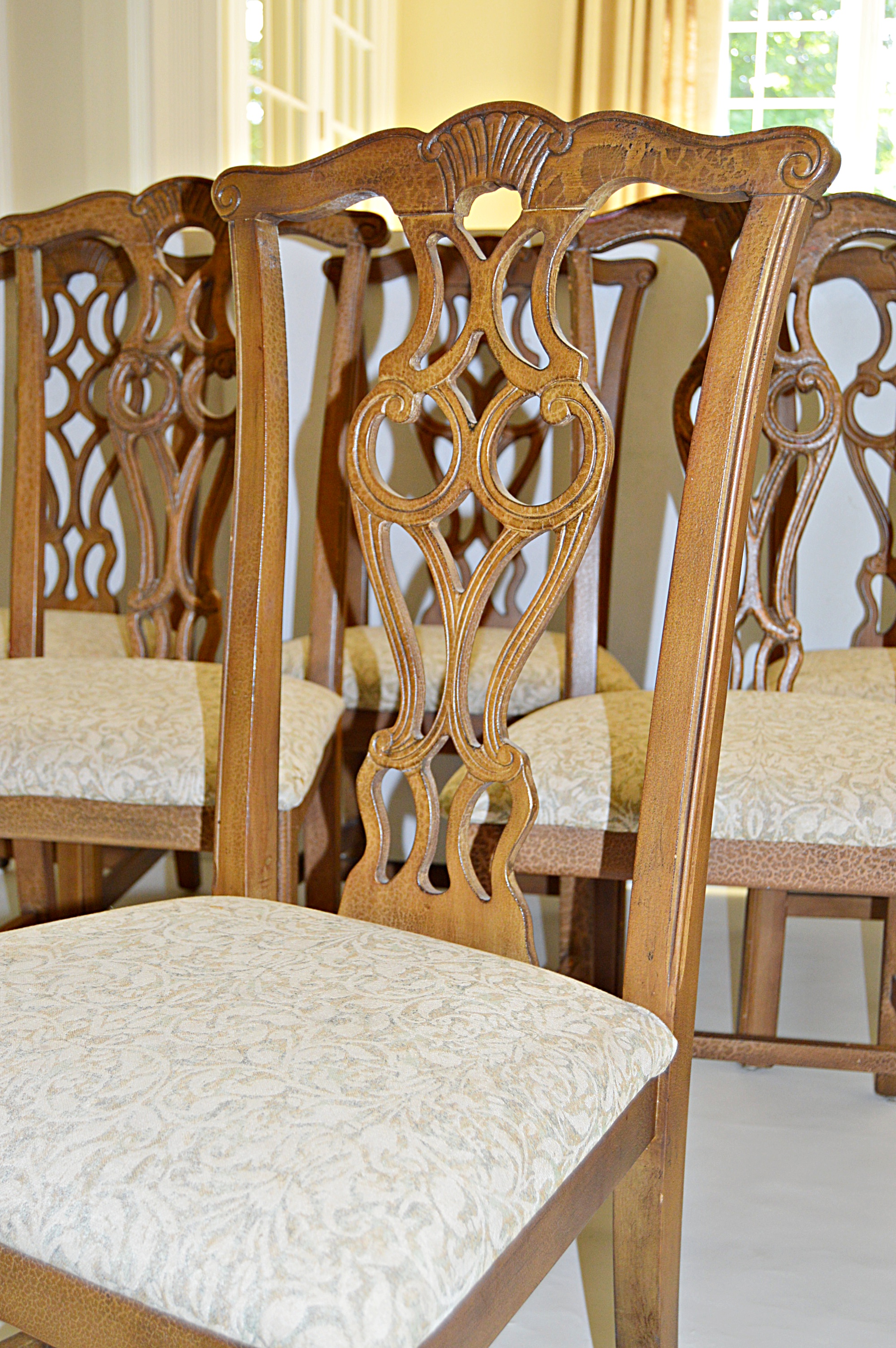 Set of Six Chippendale Style Chairs in an Aged Dark Cream Finish