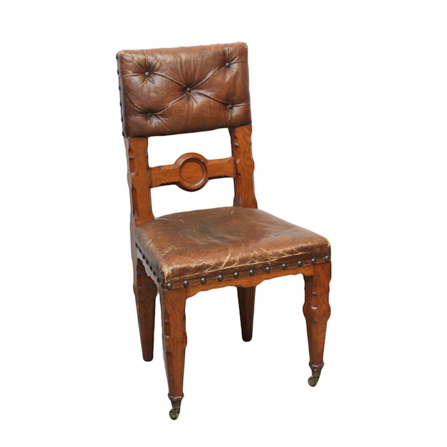 Antique Oak Side Chair with Faux-Leather Upholstery