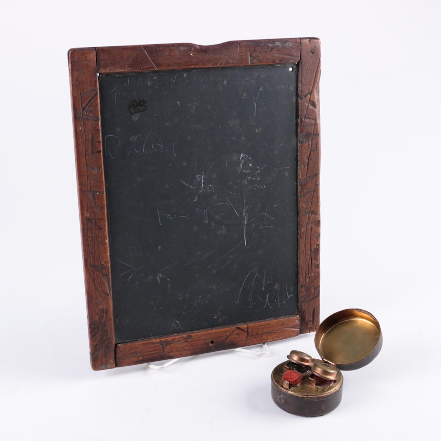 Vintage Chalkboard and Brass Inkwell