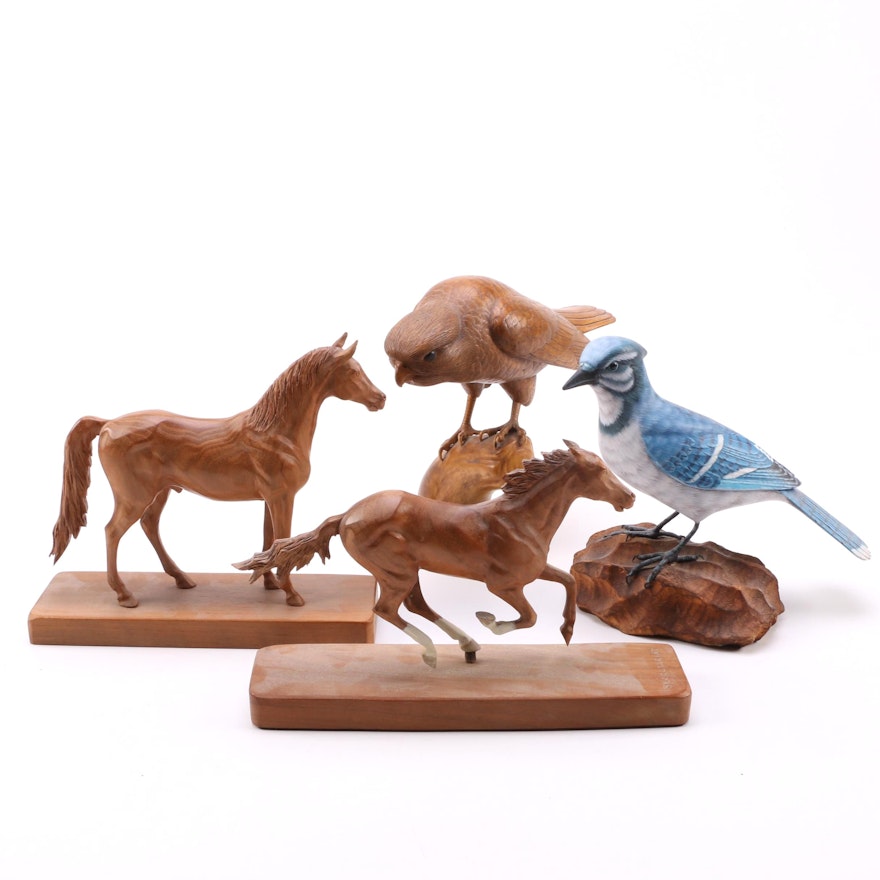 Wooden Carvings of Animals Including Secretariat